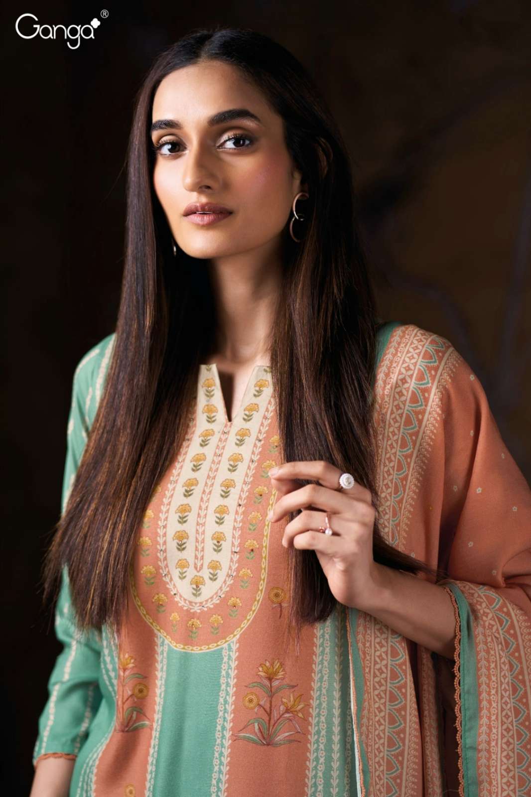 GANGA NIMARA S3871 PREMIUM WOOL PASHMINA PRINTED SUIT WITH SWAROVSKI WORK