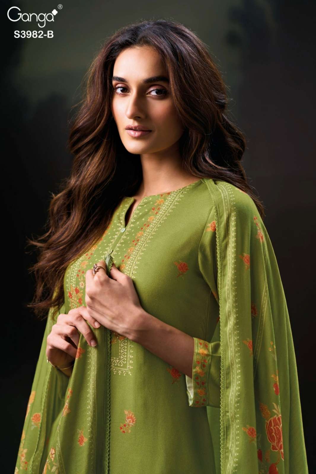 GANGA OLWEN S3982 PREMIUM PURE WOOL PASHMINA SUIT WITH HAND WORK