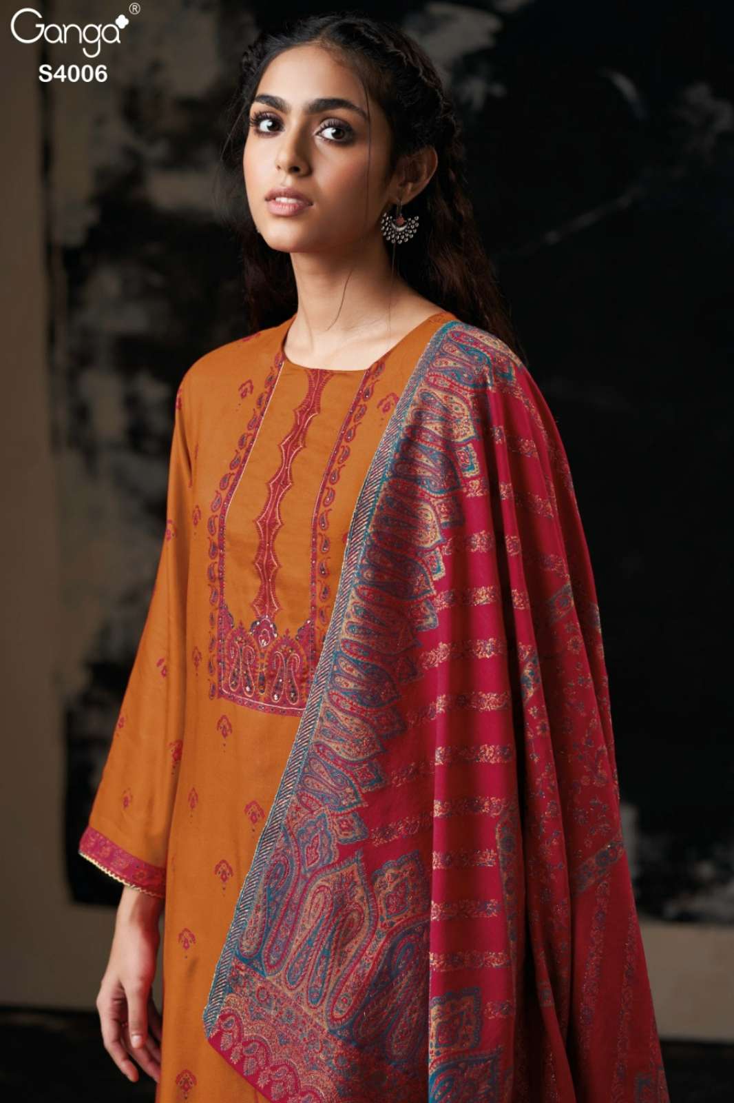 GANGA OZAEL S4006 PREMIUM PURE PASHMINA SUIT WITH HAND EMBROIDERY