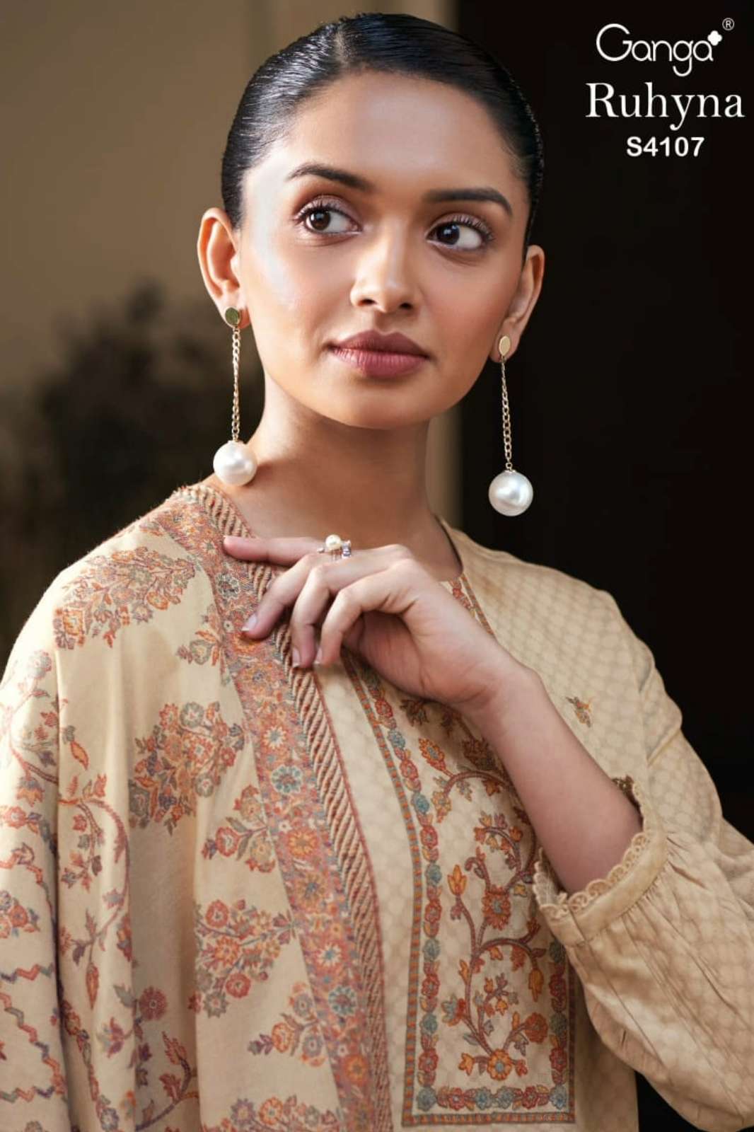 GANGA RUHYNA S4107 PREMIUM PURE PASHMINA SUIT WITH EMBROIDERY
