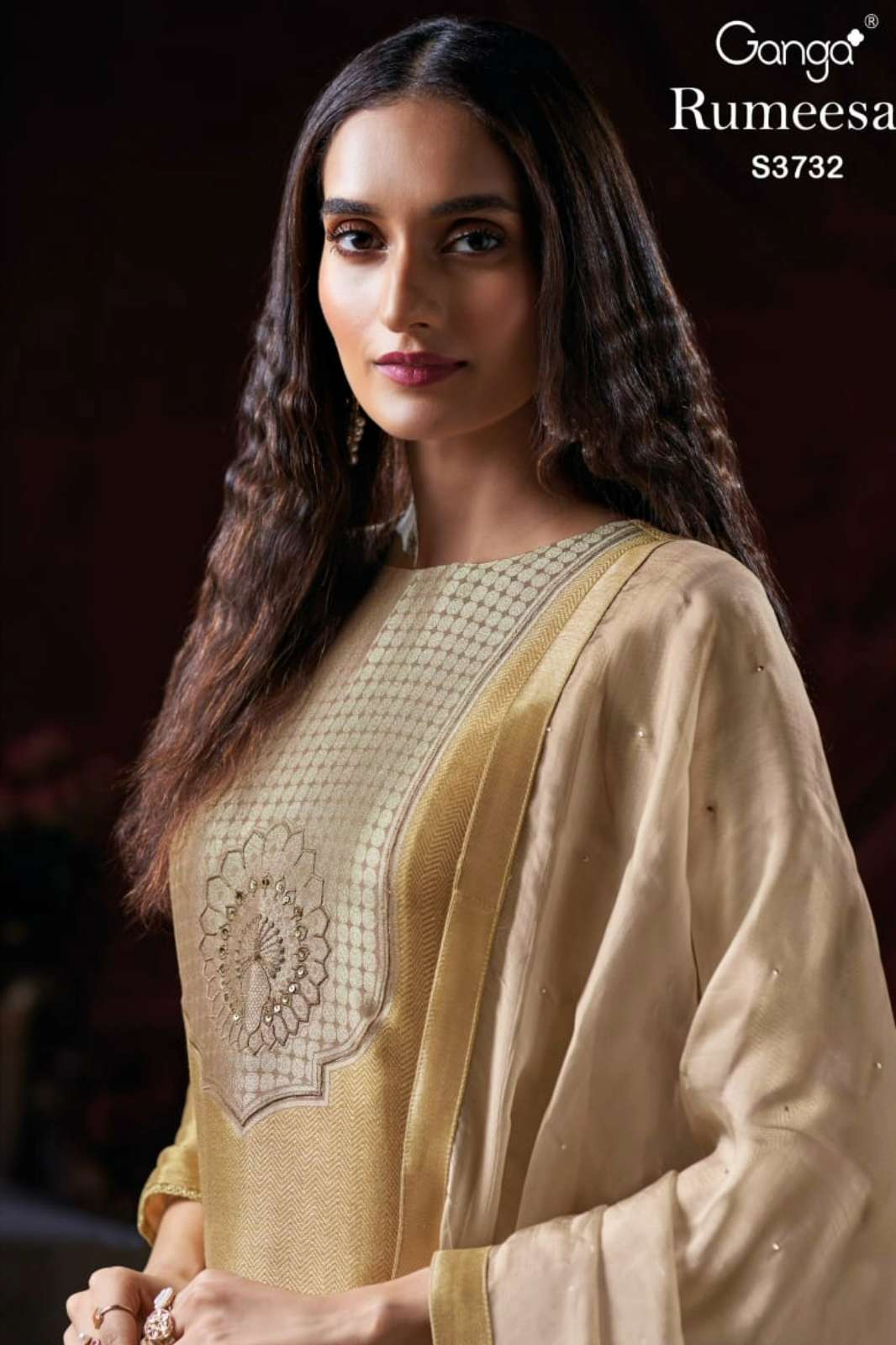 GANGA RUMEESA S3732 PREMIUM PURE BEMBERG SILK SUIT WITH HAND EMBROIDERY