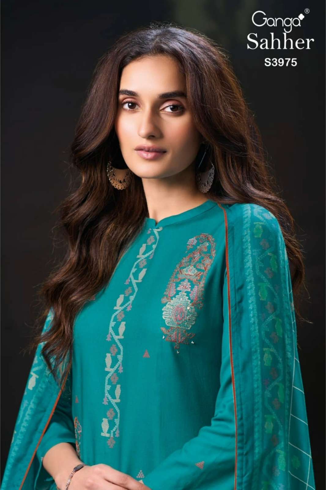 GANGA SAHHER S3975 PURE PASHMINA PRINTED SUIT WITH HAND WORK