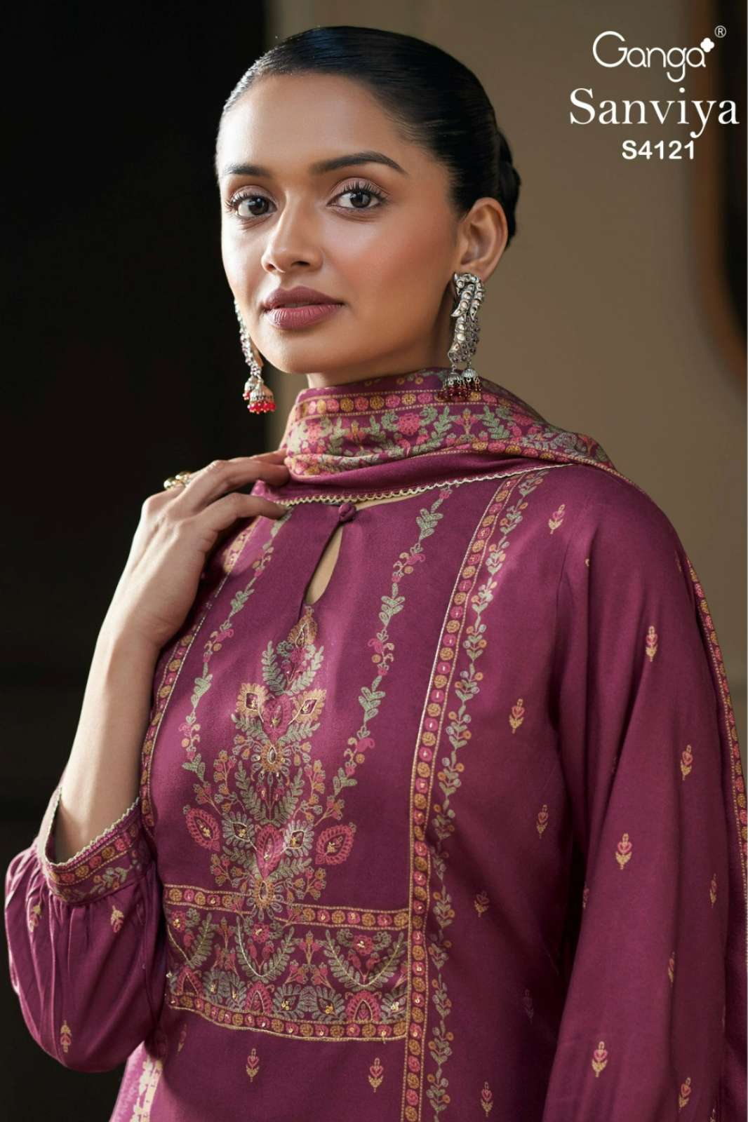 GANGA SANVIYA S4121 PREMIUM PURE PASHMINA PRINTED SUIT WITH HAND EMBROIDERY