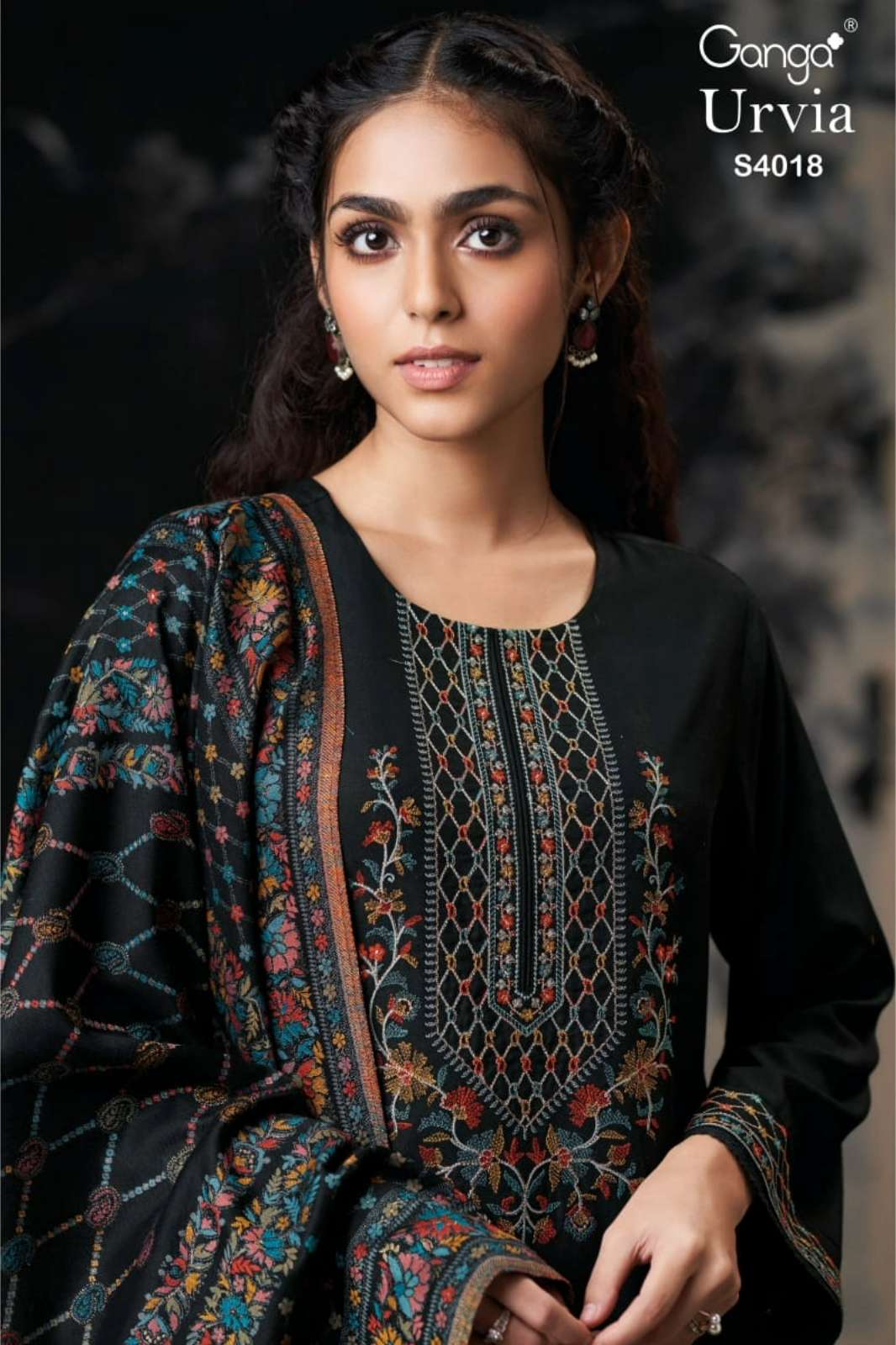 GANGA URVIA S4018 PREMIUM PURE PASHMINA SUIT WITH EMBROIDERY