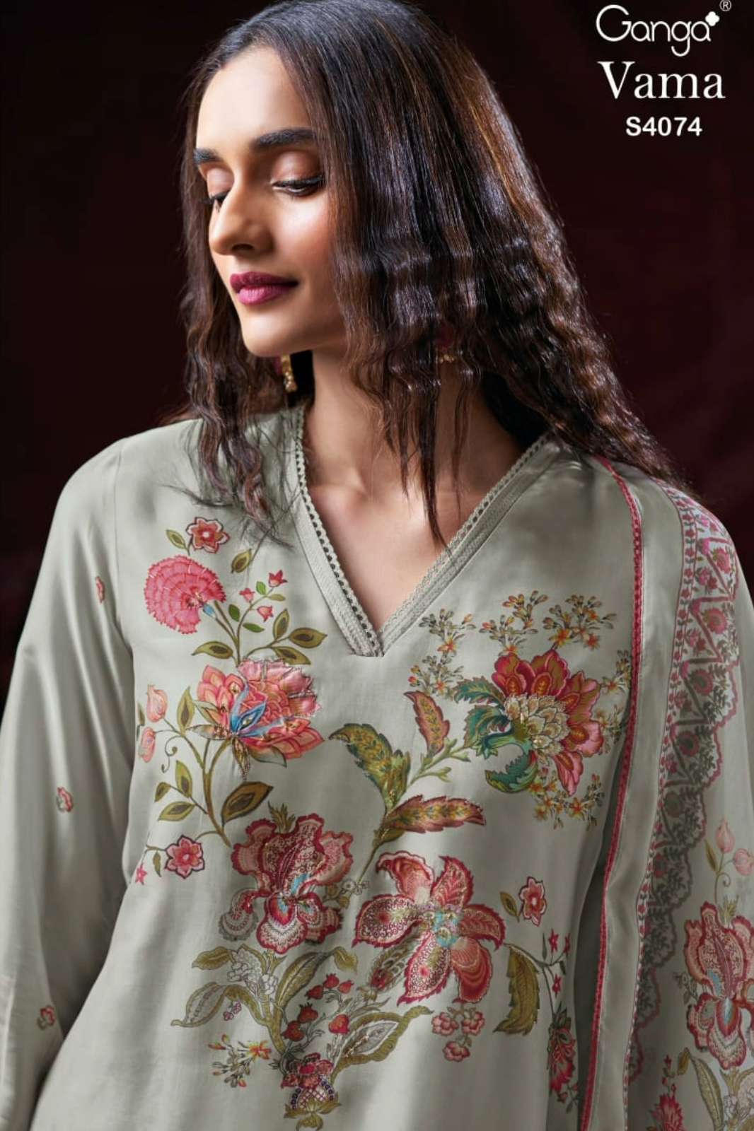 GANGA VAMA S4074 PREMIUM PURE PASHMINA PRINTED SUIT WITH HAND EMBROIDERY