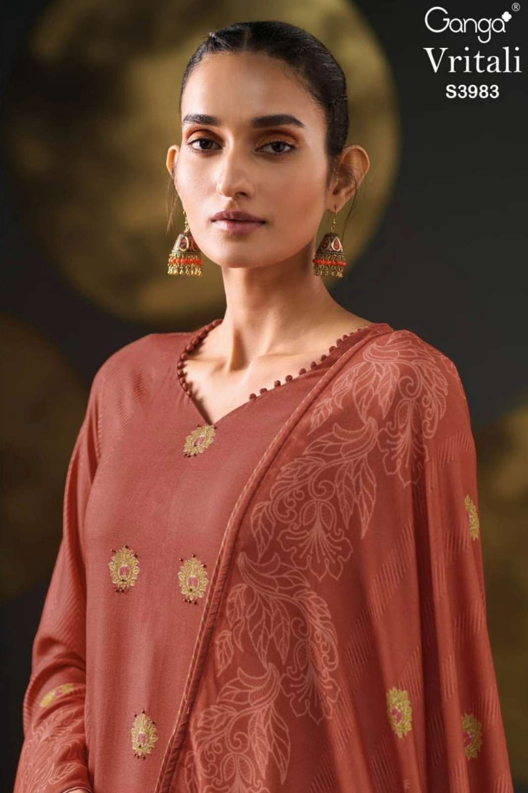 GANGA VRITALI S3983 PREMIUM PURE WOOL PASHMINA SUIT WITH HAND WORK