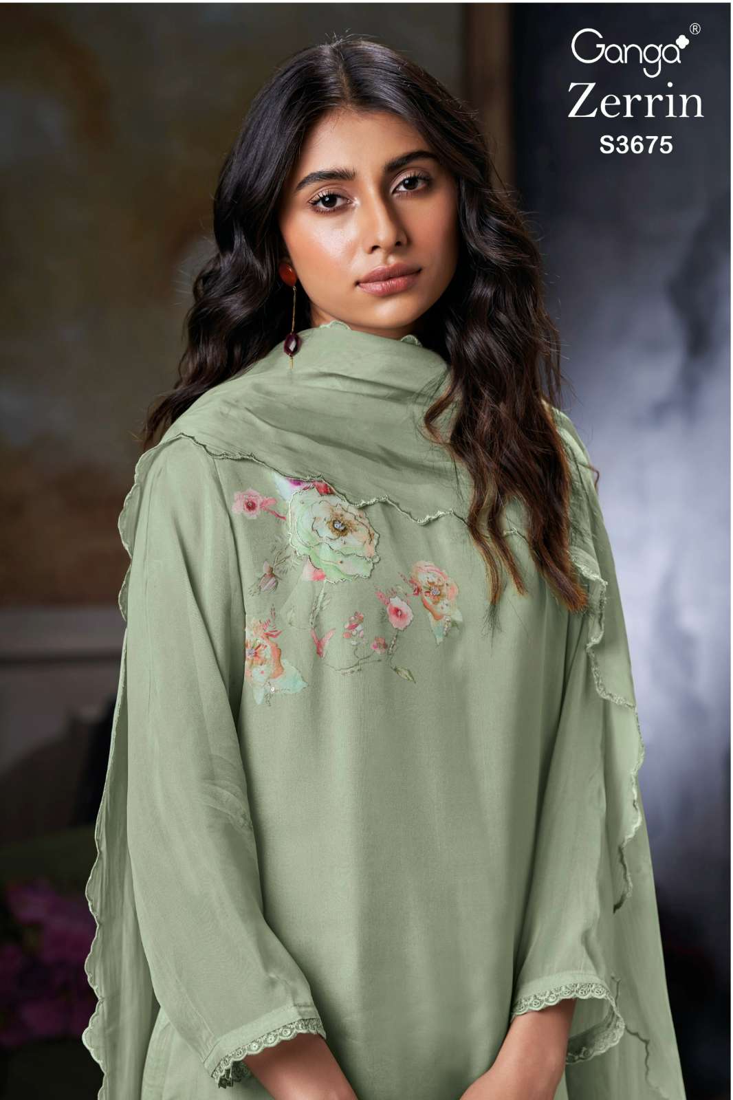 GANGA ZERRIN S3675 PREMIUM PURE ORGANZA SILK PRINTED SUIT WITH HAND WORK