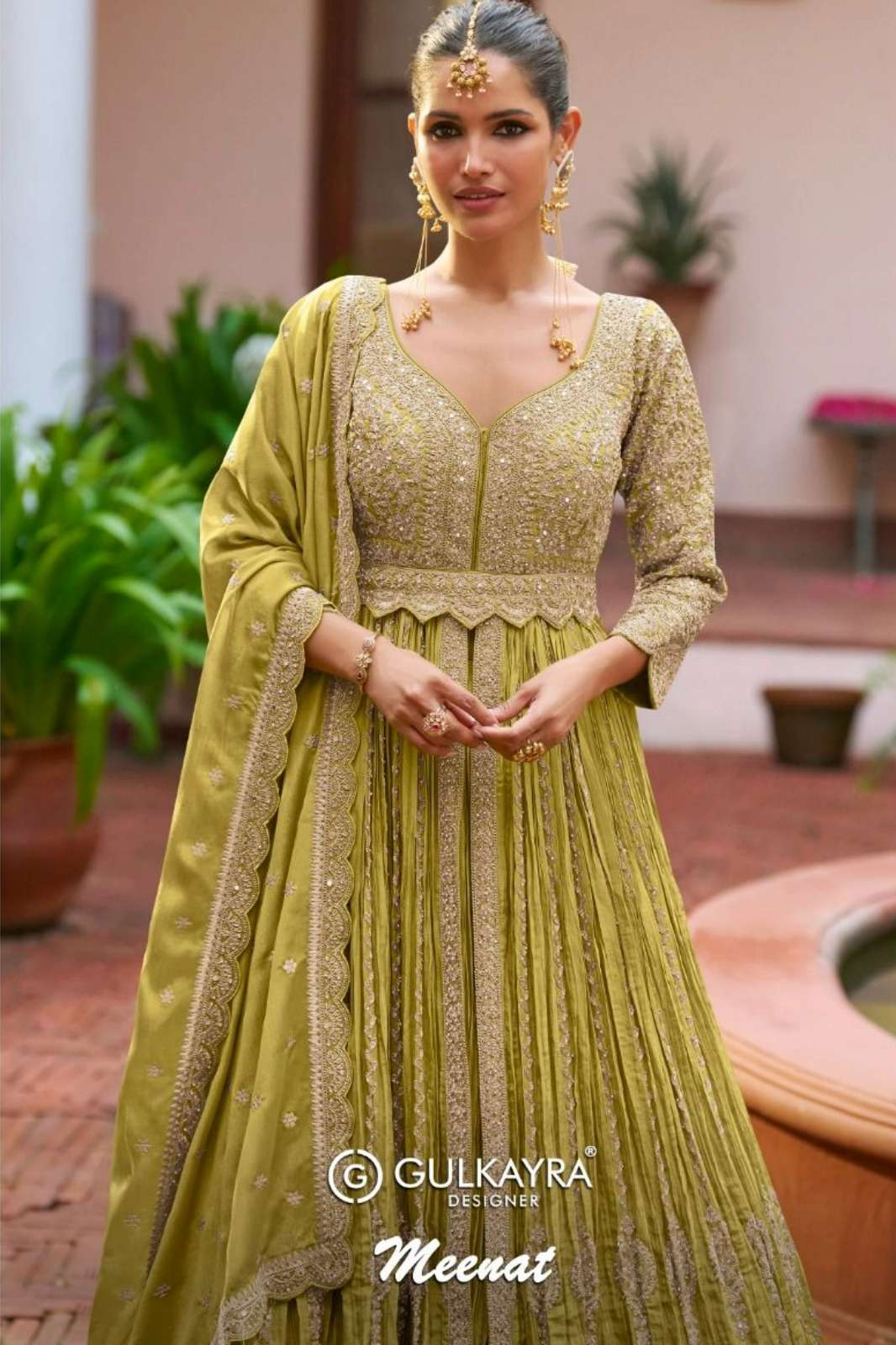 Gulkayra MEENAT Ready to Wear Embroidered Real Chinon Front Slit Top with Skirt 