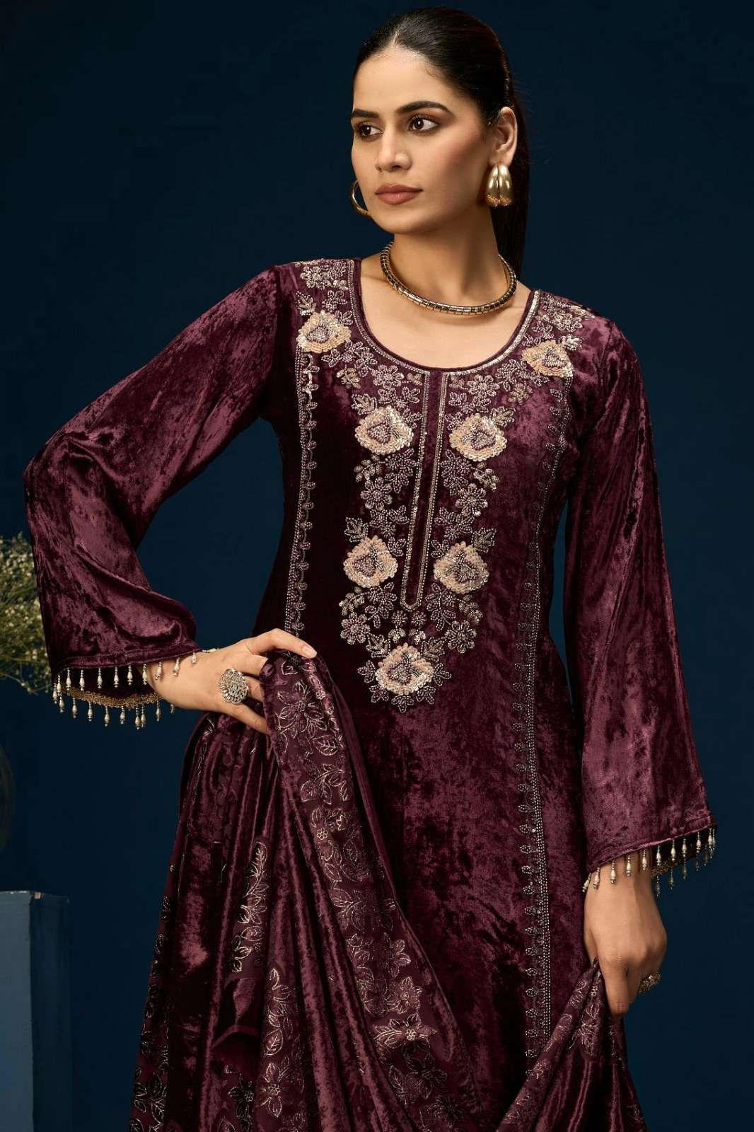 IBIZA OUDH PURE VISCOSE VELVET BEADS WORK SUIt WITH LATKN LACE