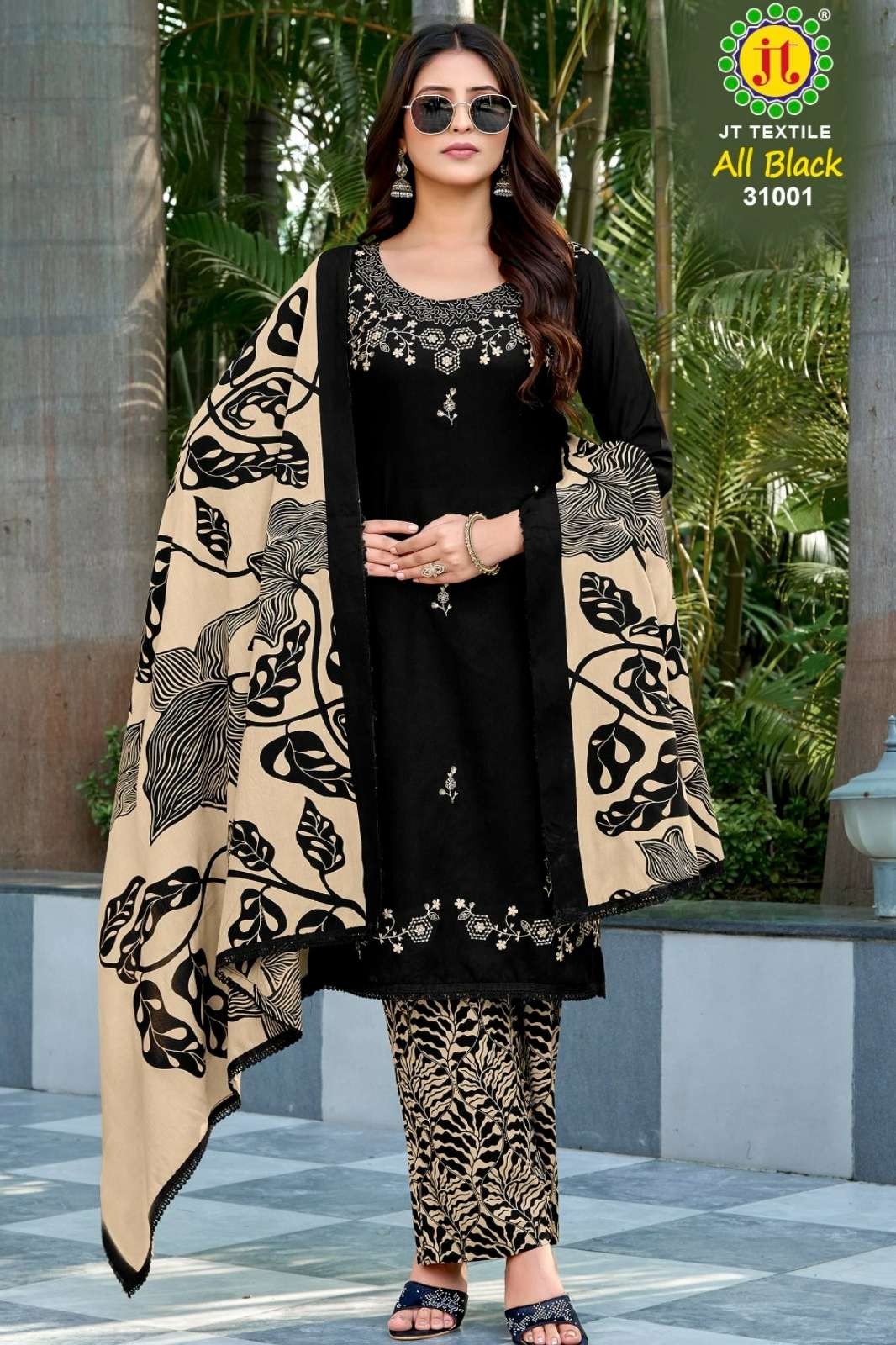 JAMATMAL TILOKCHAND All Black 3️1 Rayon Suit With Sequence & Embroidery 