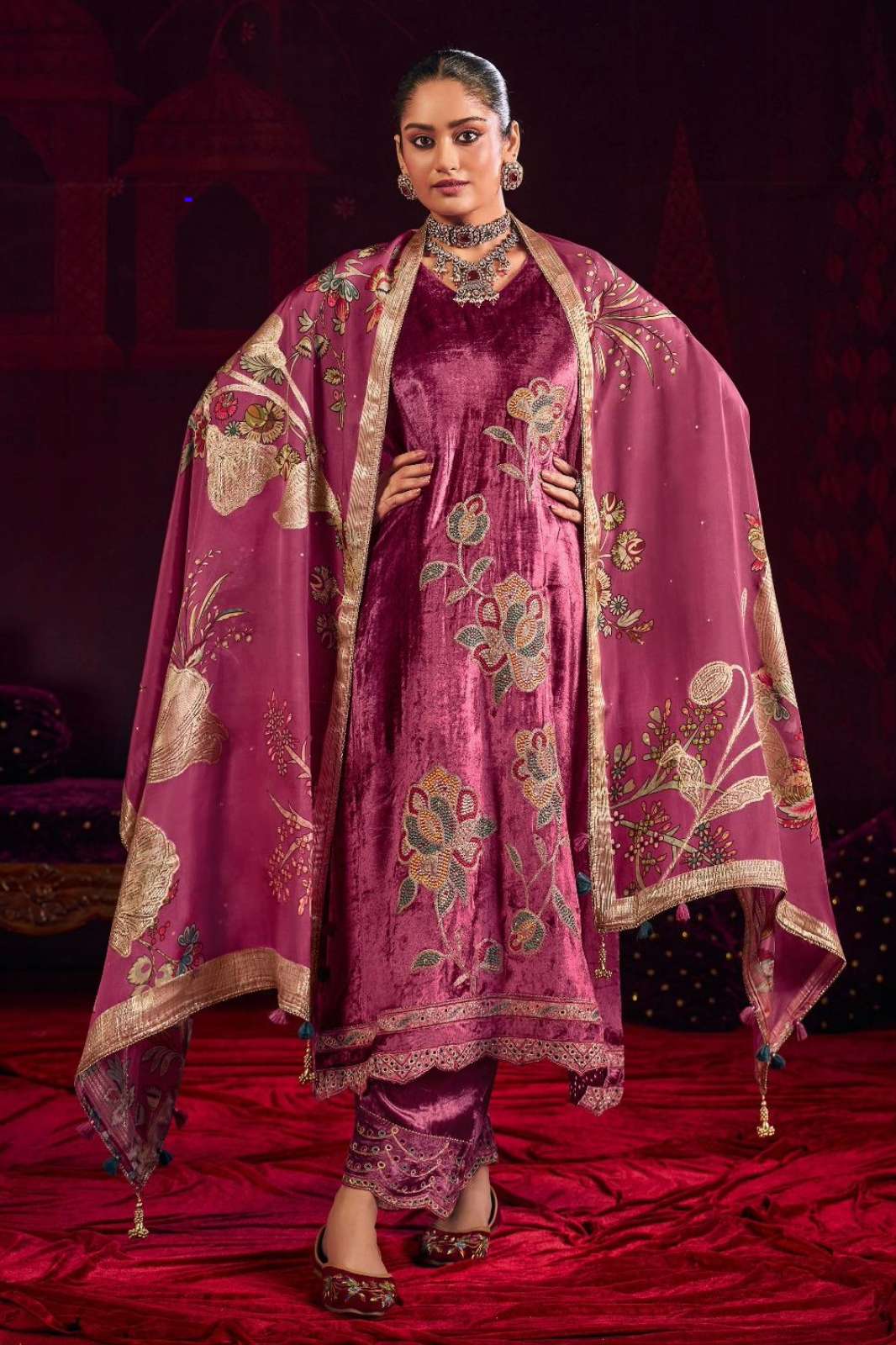 JAY VIJAY ZARRAK PURE VISCOSE VELVET SUIT WITH EMBROIDERY 