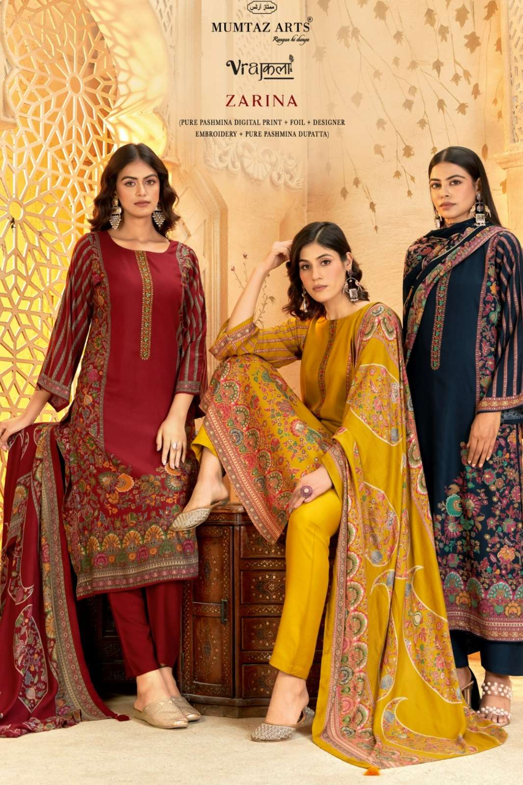 MUMTAZ ARTS ZARINA PURE VISCOSE PASHMINA SUIT WITH EMBROIDERY 