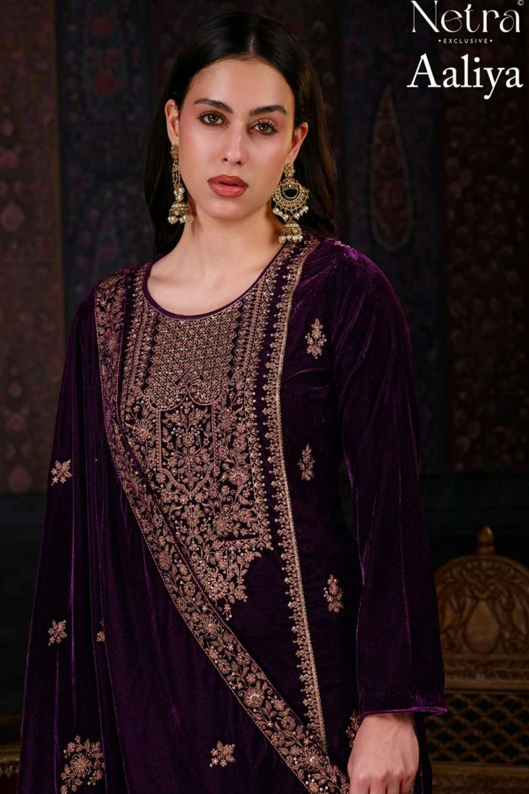NETRA AALIYA PREMIUM KOREAN VELVET SUIT WITH EMBROIDERY