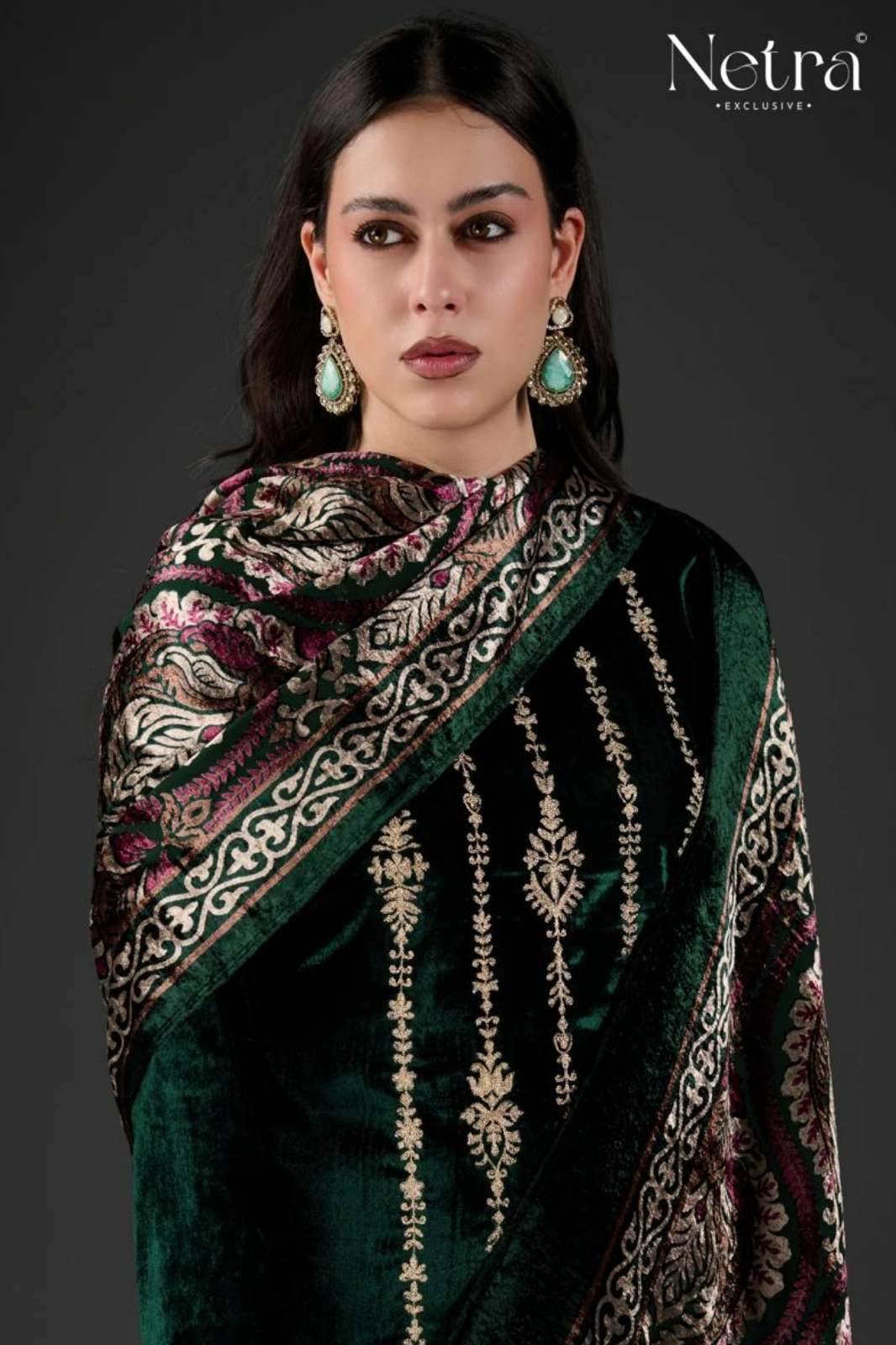 NETRA GEHNNA PURE VELVET SUIT WITH ELEGANT EMBROIDERY WORK  