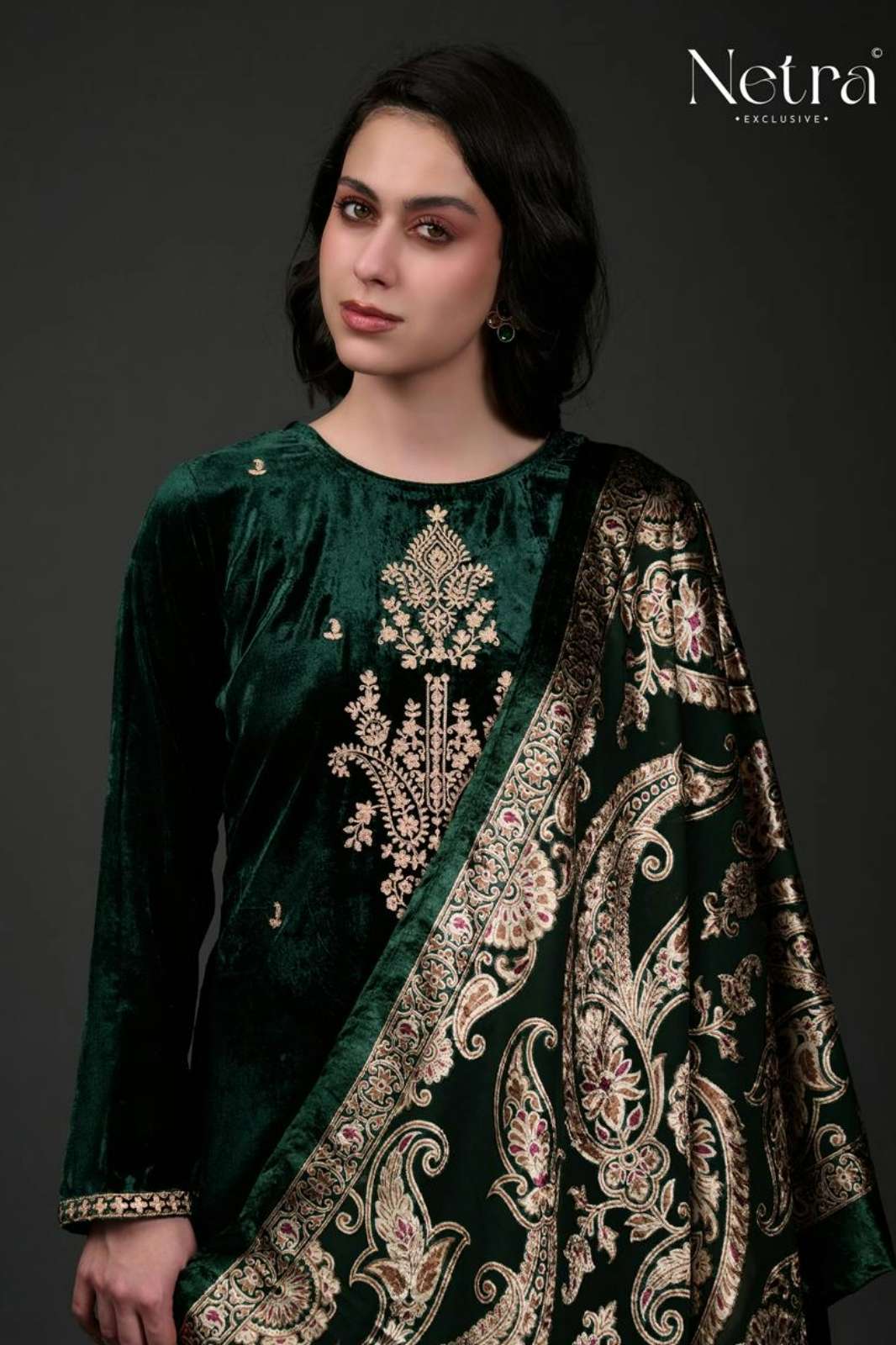 NETRA LAVANYA PURE VELVET SUIT WITH ELEGANT EMBROIDERY WORK  