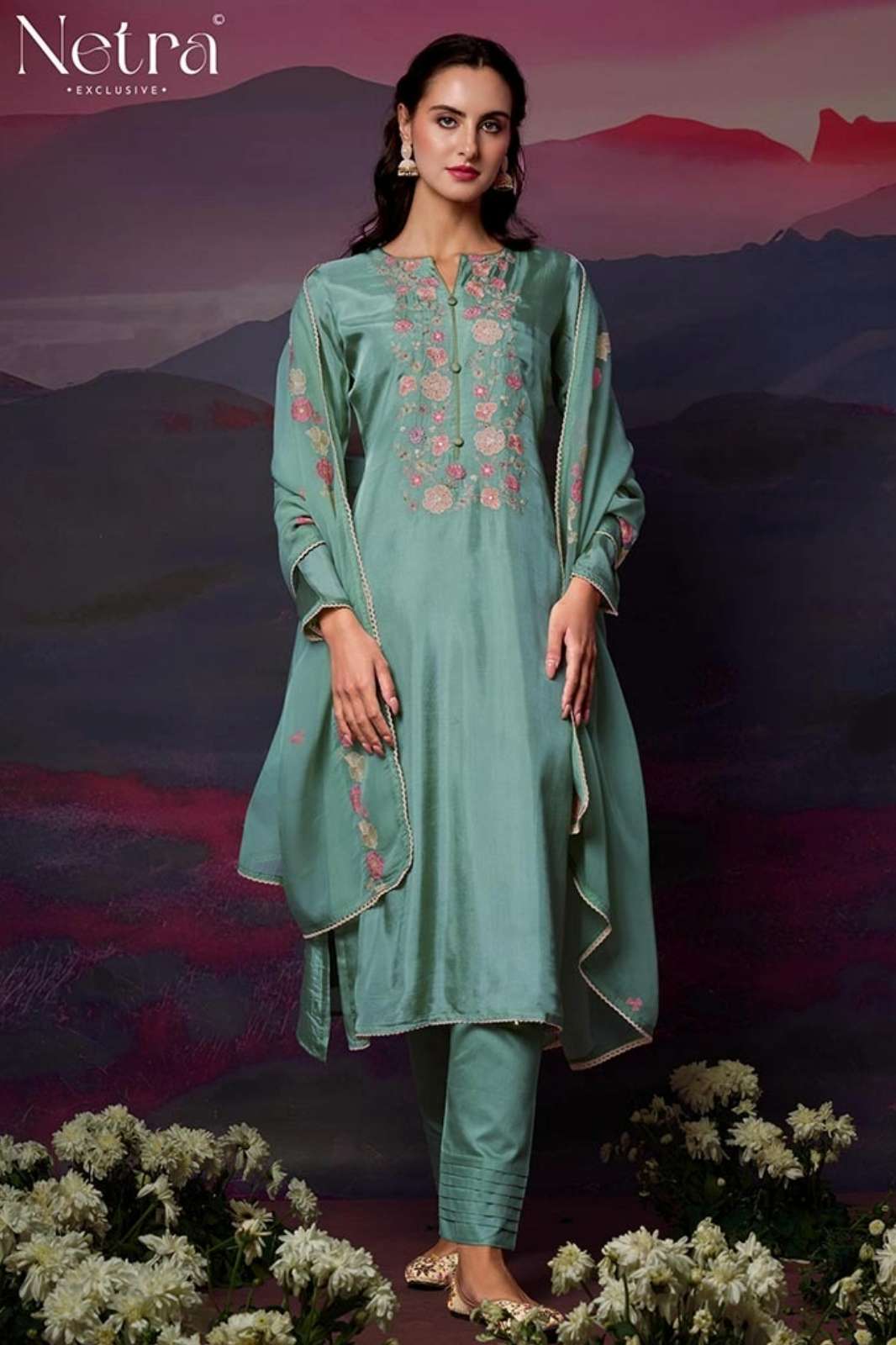 NETRA PREETI PURE BEMBERG SILK HABUTAI SUIT WITH EMBROIDERY