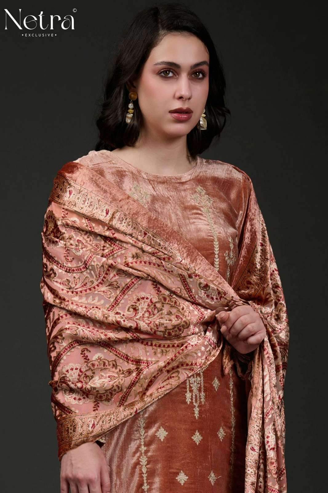 NETRA VIVARA PURE VELVET SUIT WITH ELEGANT EMBROIDERY WORK  