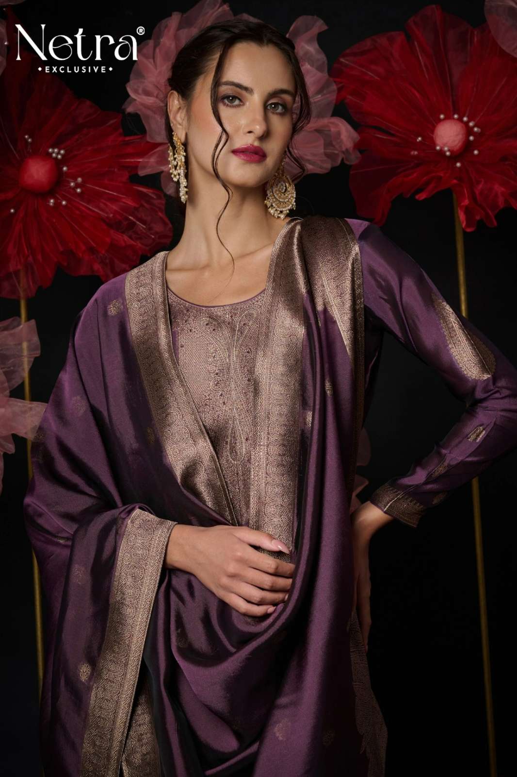 NETRA VRISA PREMIUM VISCOSE WOVEN SILK JACQUARD SUIT WITH HANDWORK