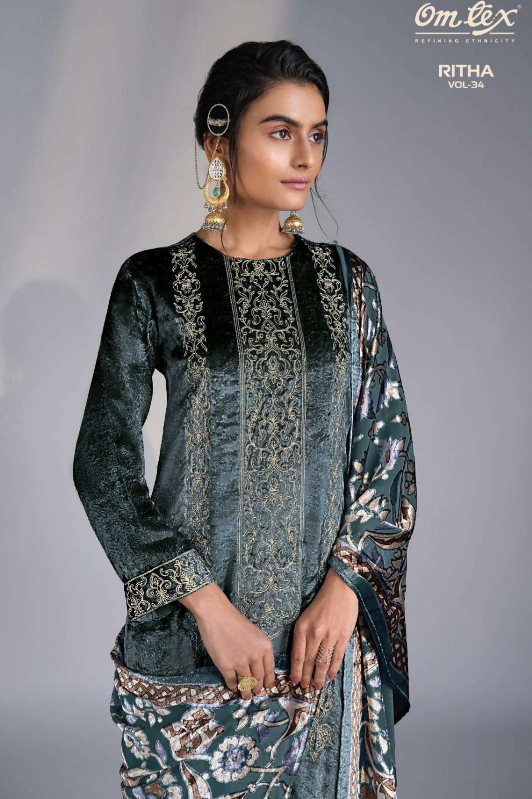 OMTEX RITHA VOL 34 PURE VISCOSE VELVET SUIT WITH EMBROIDERY