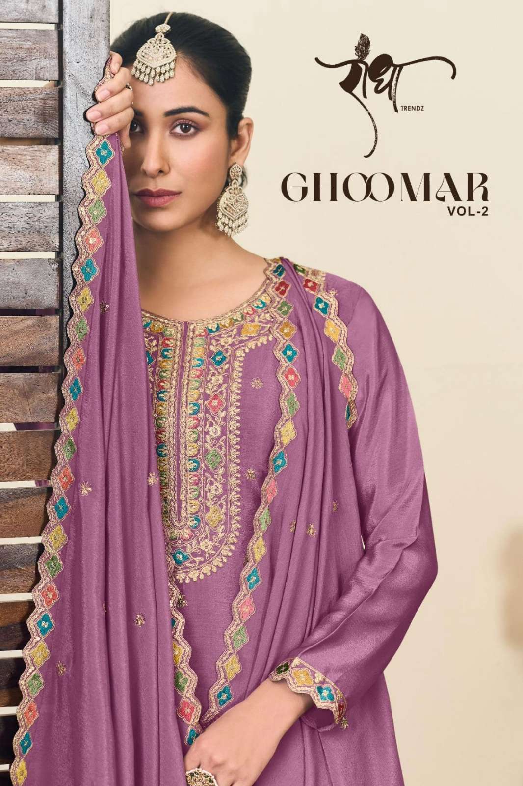 RADHA GHOOMAR  VOL 2 KARWA PREMIUM CHINON SUIT WITH EMBROIDARY WORK