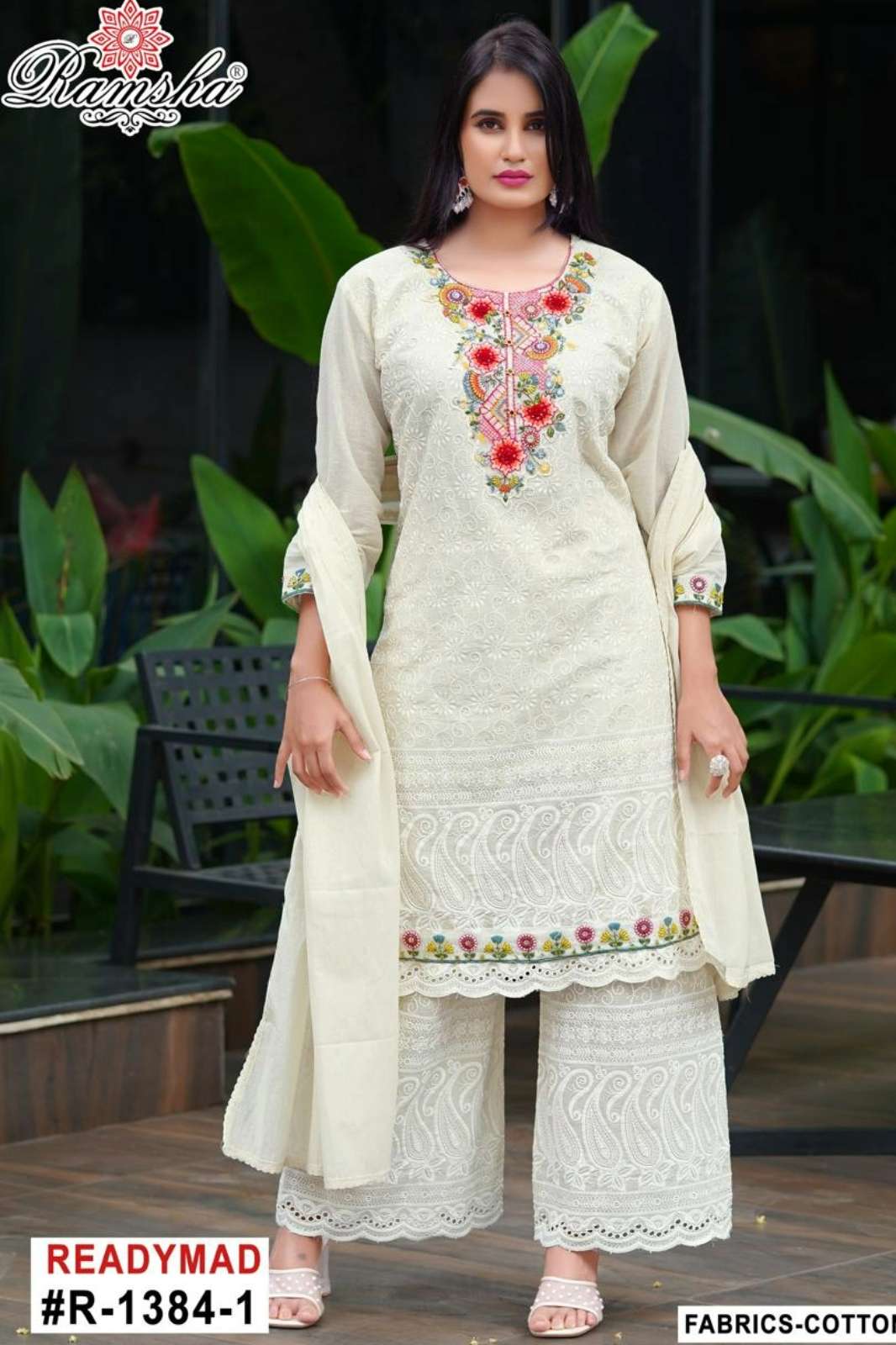 RAMSHA R 1384 Ready To Wear Embroidery Pakistani Cotton Sifli Fabric Suit
