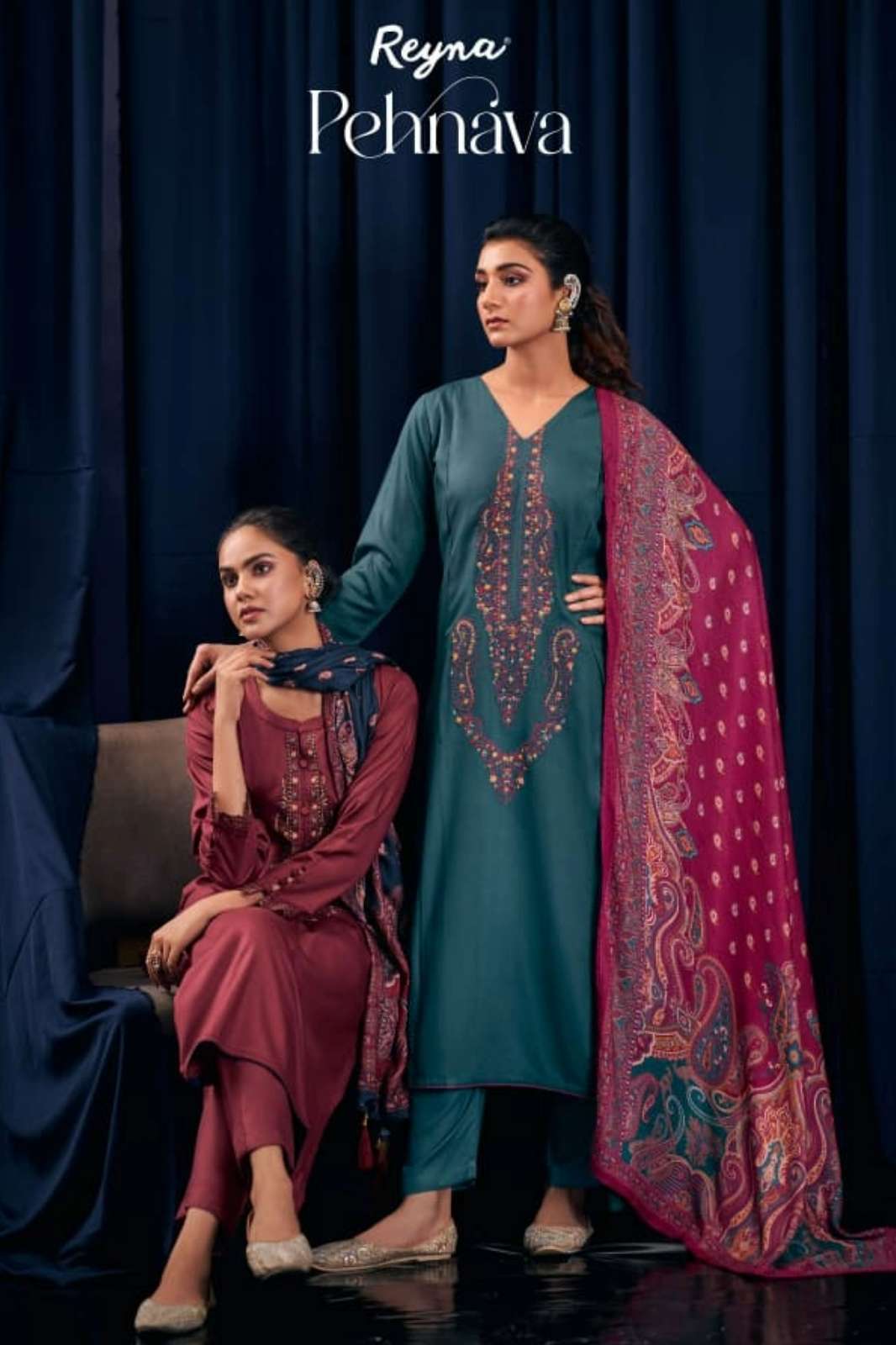 REYNA PEHNAVA PREMIUM PURE PASHΜΙΝΑ SUIT WITH KASHMIRI EMBROIDERY