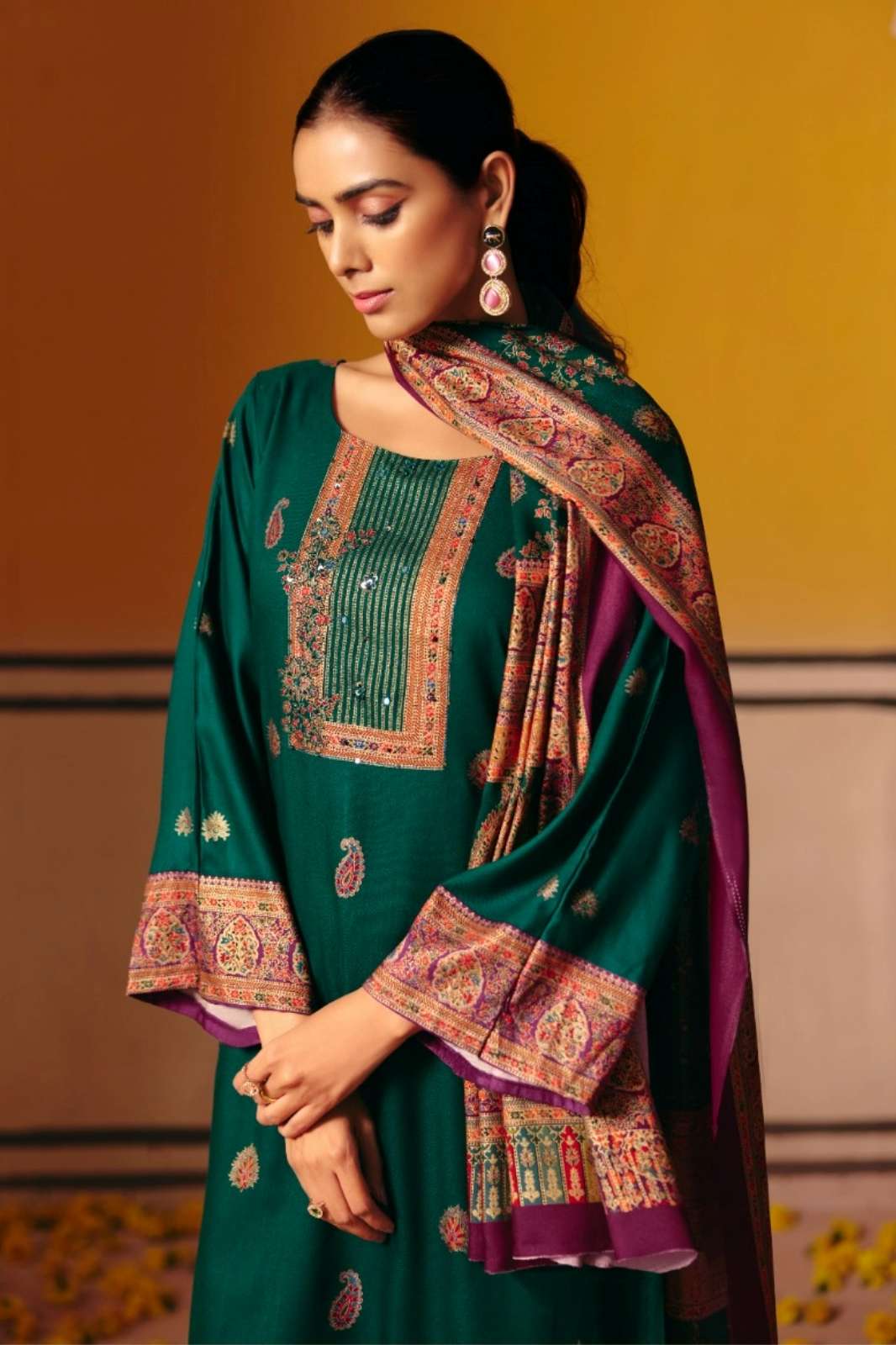 RUPALI FASHION ADEENA GOLD GLITTER VISCOSE PASHMINA SUIT WITH HANDWORKS 