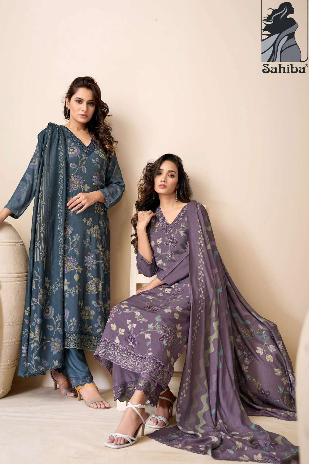 SAHIBA NAZNEEN PURE PASHMINA TWILL DIGITAL PRINTED SUIT WITH HAND WORK