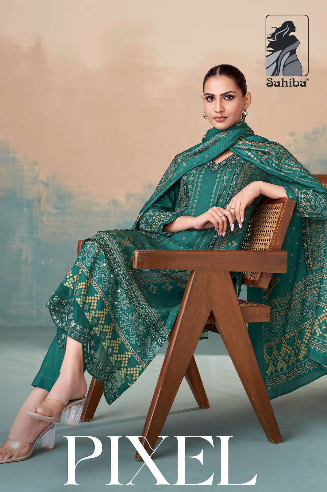 SAHIBA PIXEL PURE PASHMINA TWIL DIGITAL PRINTED SUIT WITH HAND WORK
