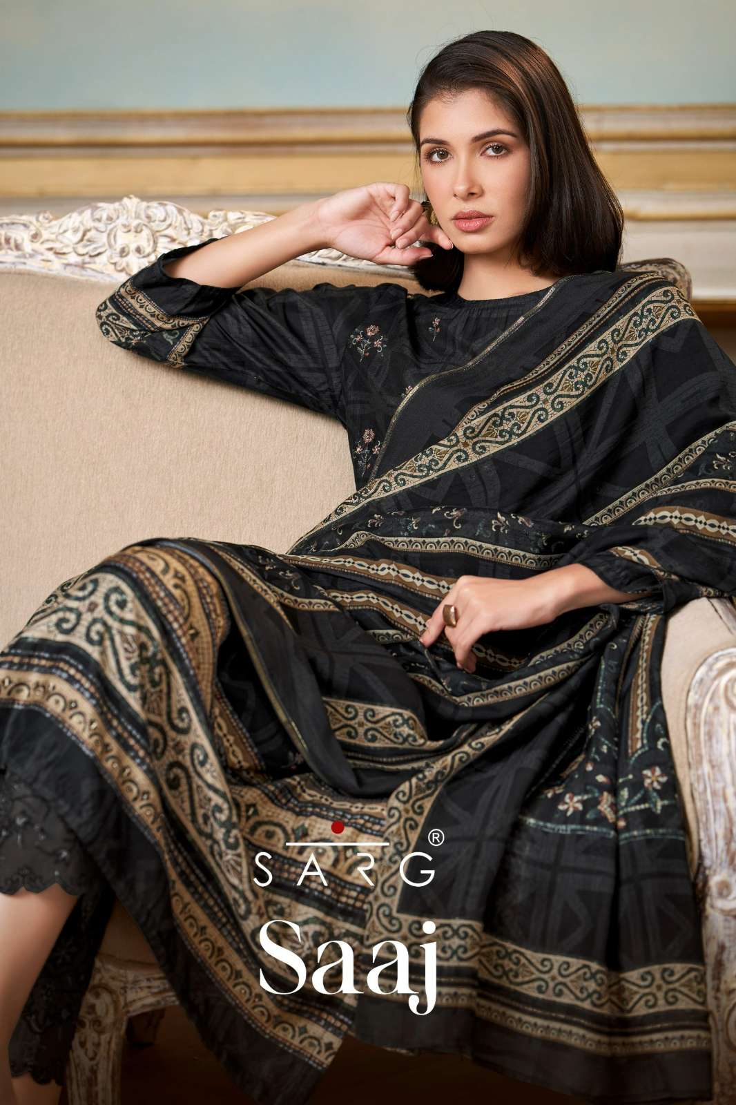 SARG SAAJ PURE MUSLIN SILK DIGITAL PRINTED SUIT WITH HAND WORK
