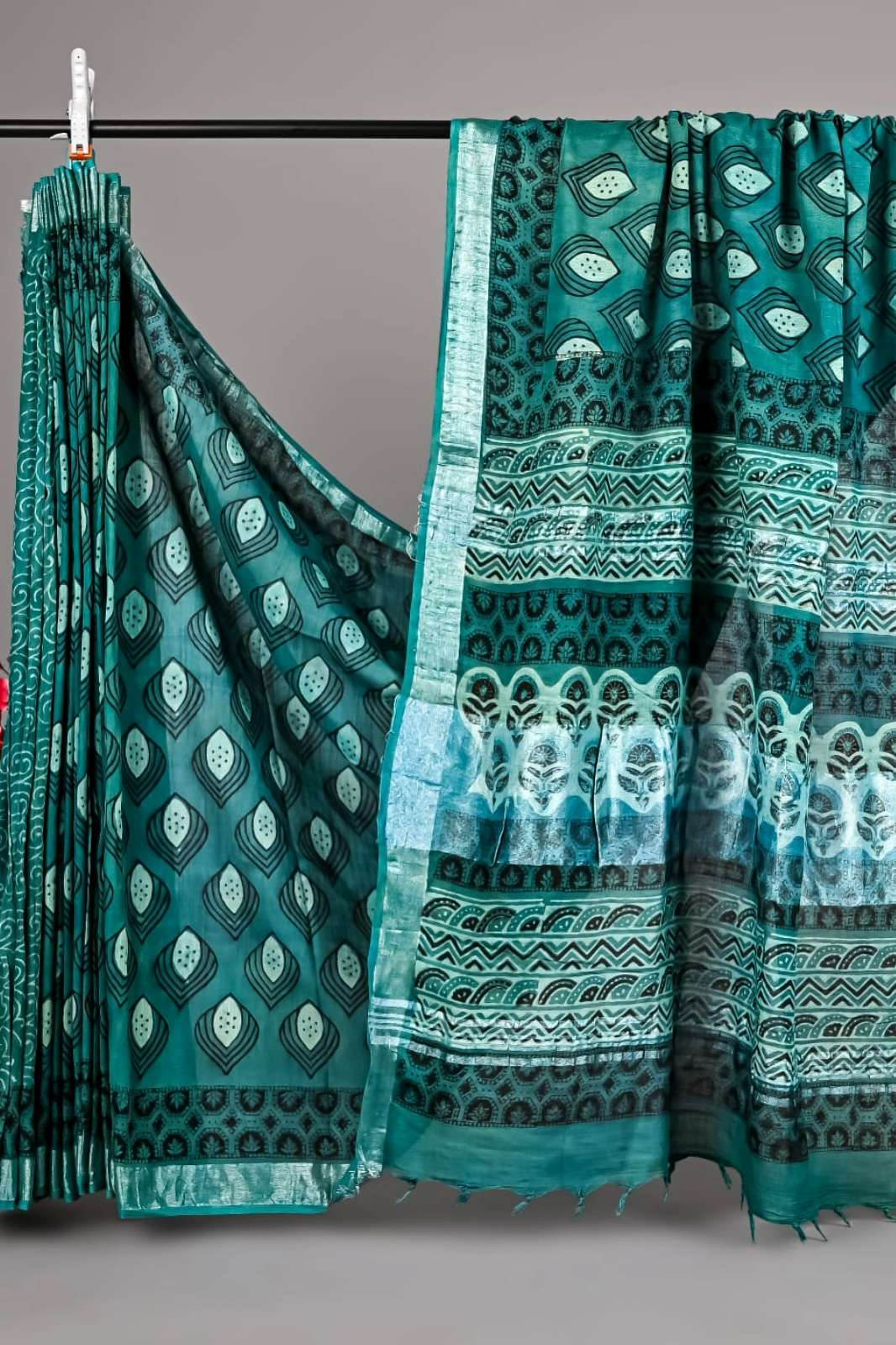 Shri Balaji Emporium RF17870 Hand Block Printed Cotton Linen Saree