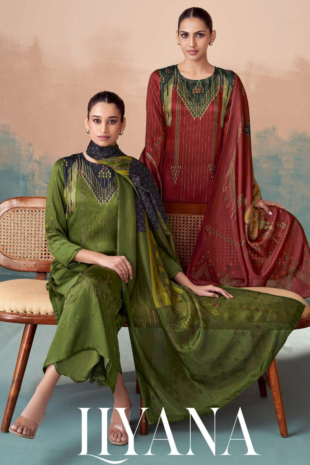 T&M IIYANA PURE BEMBERG SATIN SILK DIGITAL PRINTED SUIT WITH HAND WORK