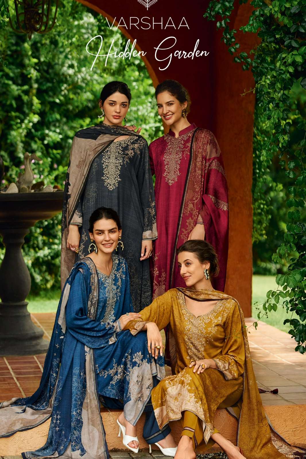 VARSHAA HELEN GARDEN VISCOSE PASHMINA SATIN DIGITALLY PRINTED SUIT WITH HANDWORK