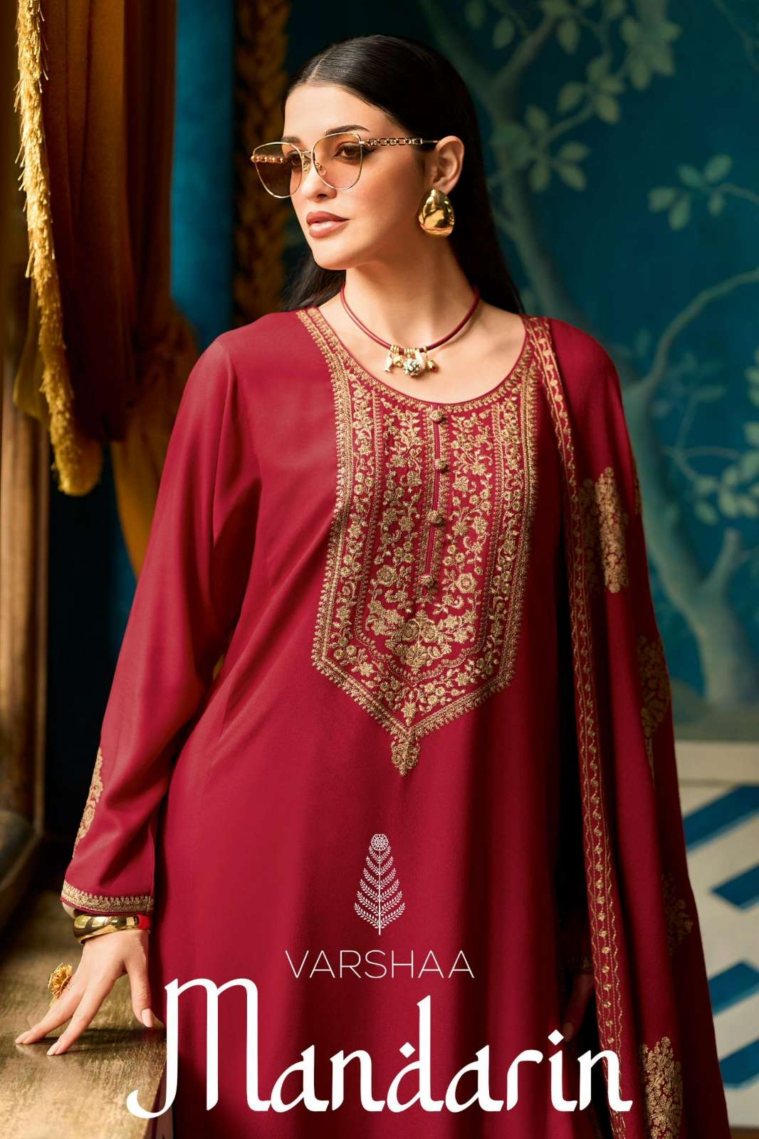 VARSHAA MANDARIN VISCOSE PASHMINA SUIT WITH EMBROIDERY 