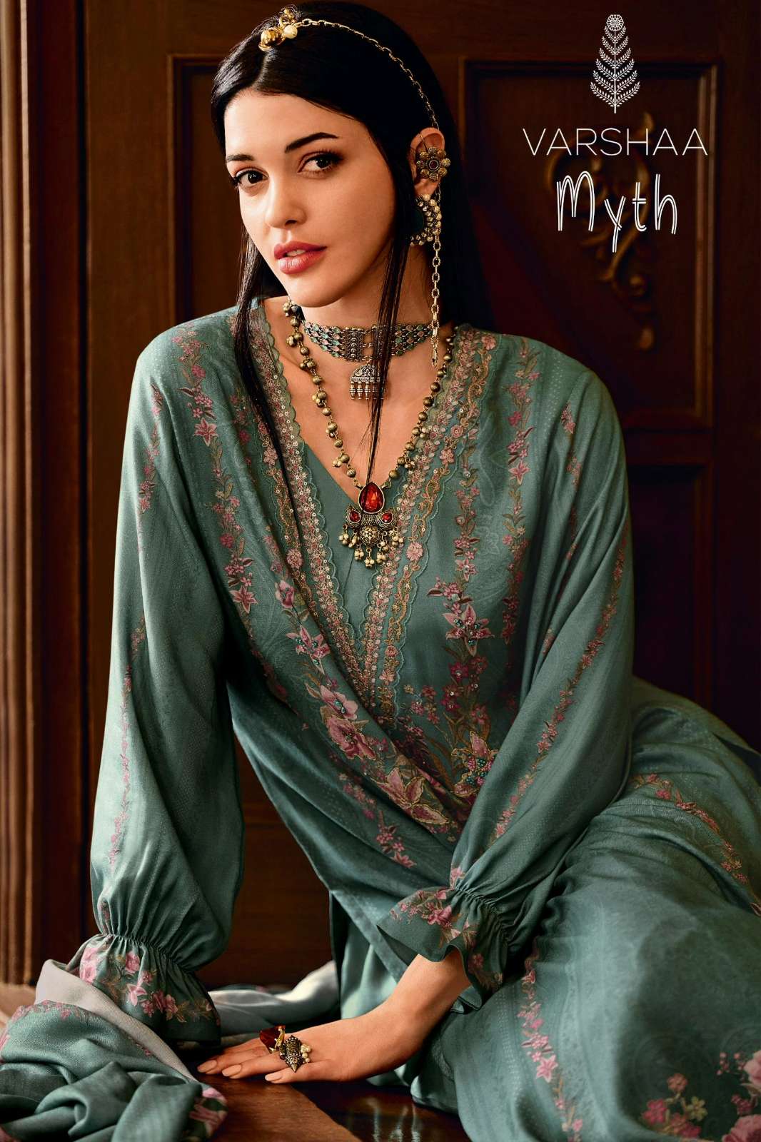 VARSHAA  MYTH VISCOSE PASHMINA DIGITALLY PRINTED SUIT WITH HANDWORK