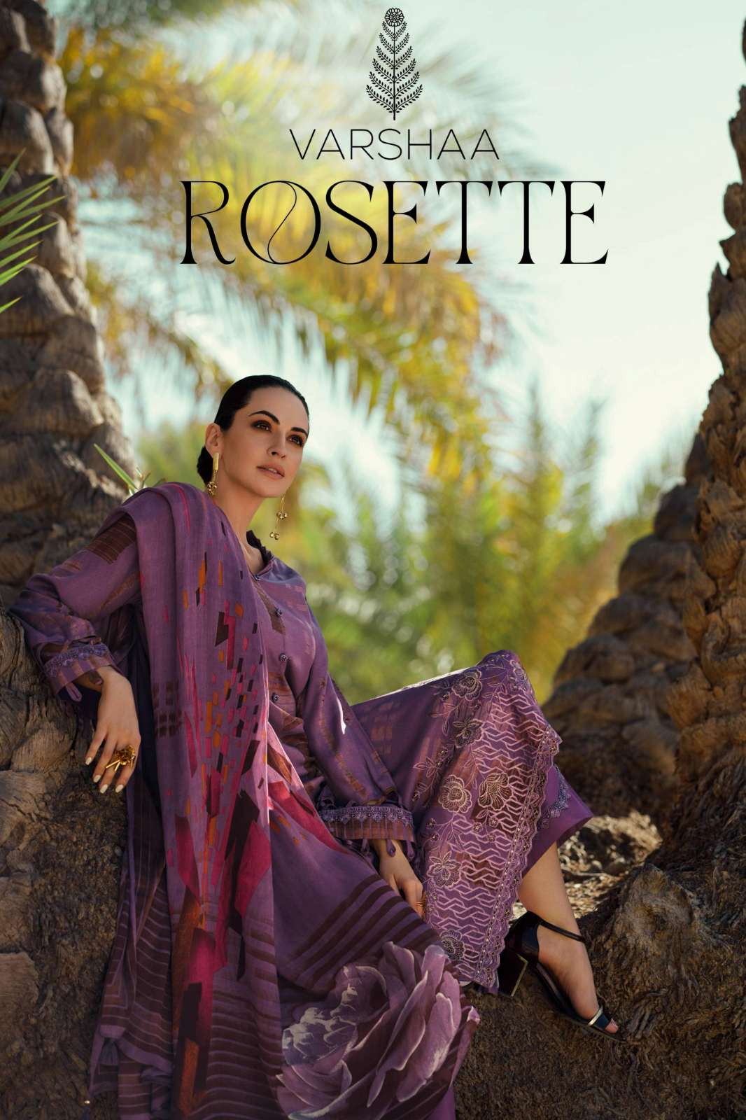 VARSHAA ROSETTE VISCOSE PASHMINA PRINTED SUIT WITH EMBROIDERY