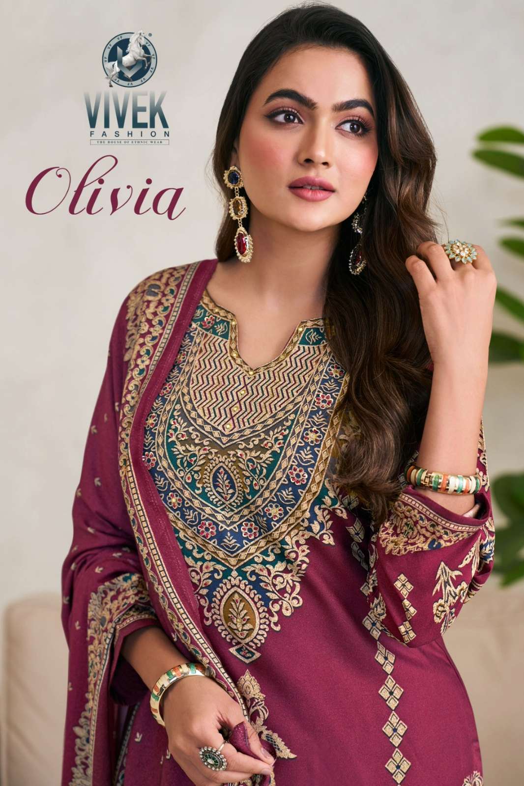 VIVEK OLIVIA VISCOSE PASMINA DIGITAL PRINTED SUIT WITH HAND WORK 