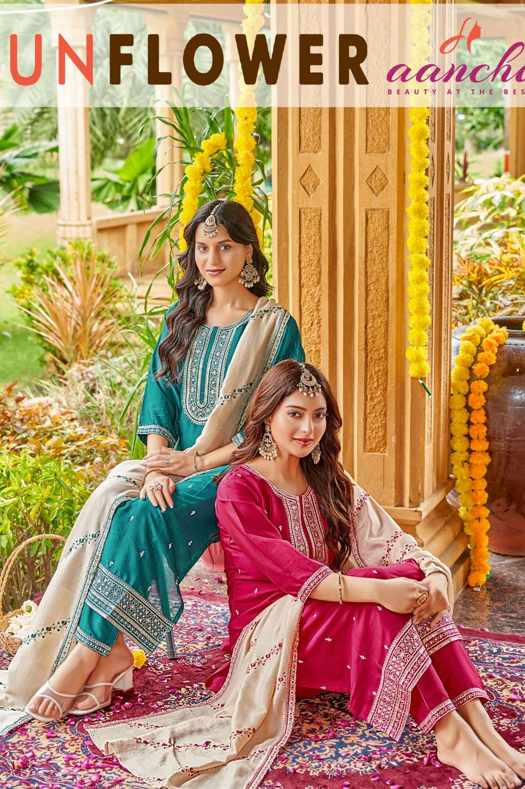 AANCHI SUNFLOWER READY TO WEAR CRYSTAL SILK EMBROIDERED SUIT