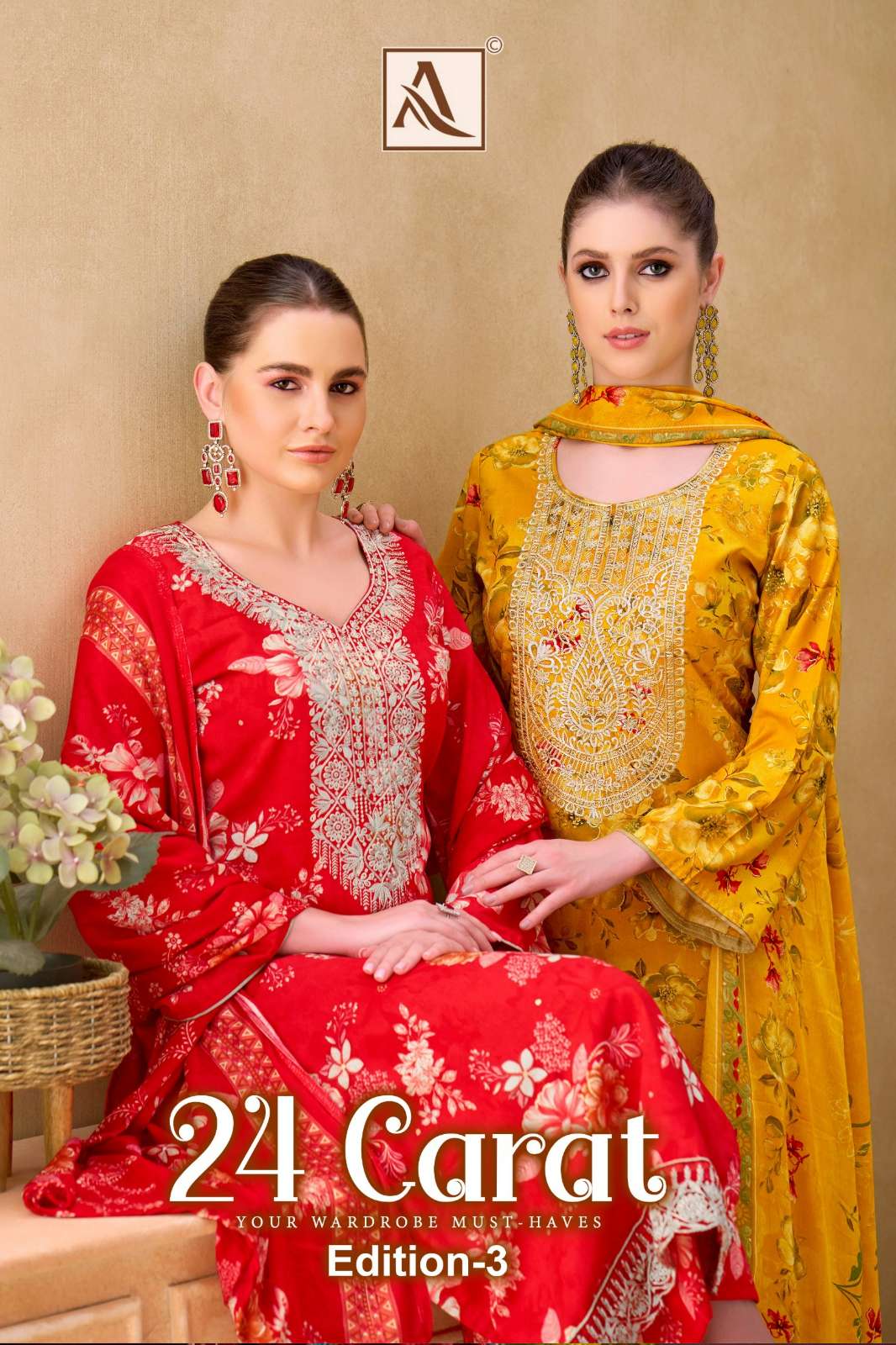 Alok Suit 24 CARAT 3 Pure Viscose Rayon Pashmina Suit with Embroidery Work