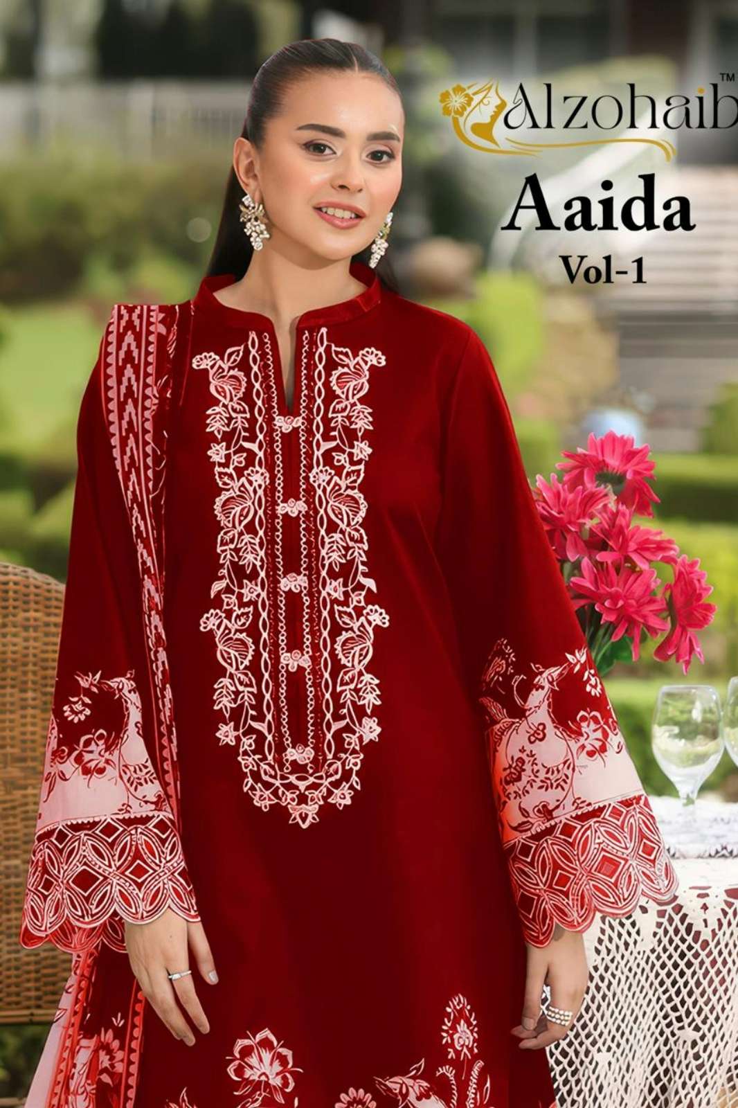 ALZOHAIB Aaida Pure Cotton Patcha Work Pakistani Suit