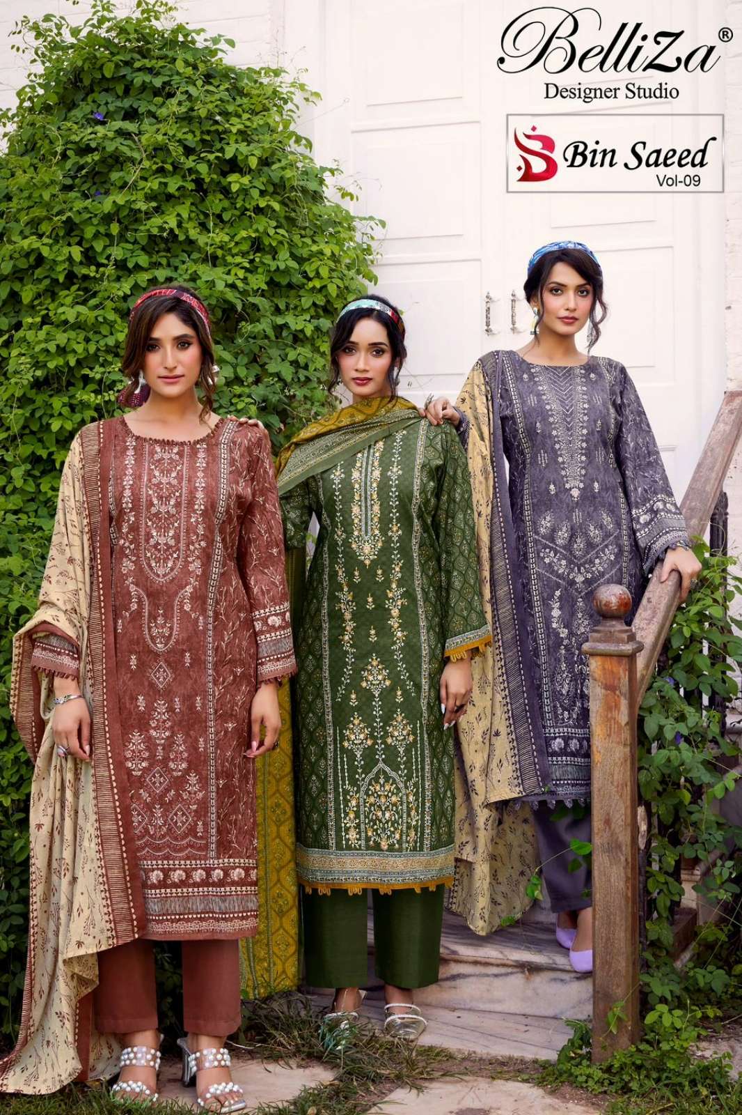 Belliza BIN SAEED VOL 9 100% Pure Cotton Digital Printed & Embroidered Pakistani Suit 
