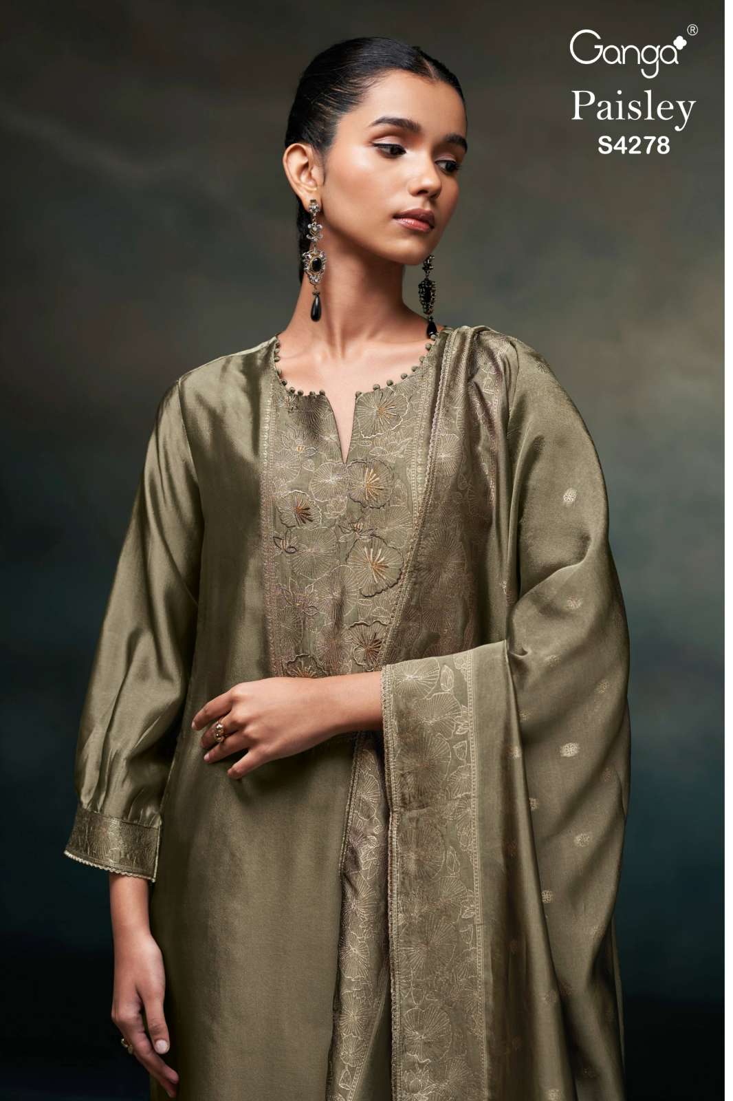 GANGA PAISLEY S4278 PREMIUM PURE VISCOSE WOVEN SILK HAND EMBROIDERED SUIT