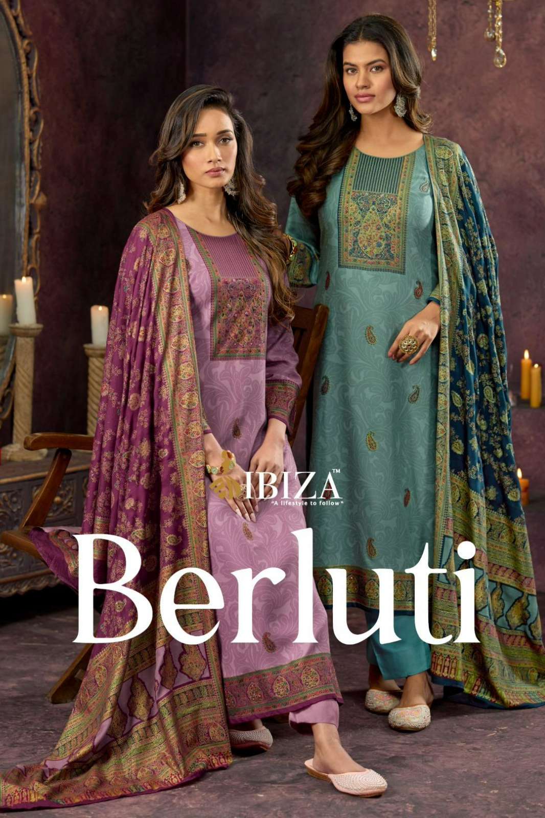 IBIZA BERLUTI PURE VISCOSE PASHMINA DIGITAL PRINTED HAND WORK SUIT