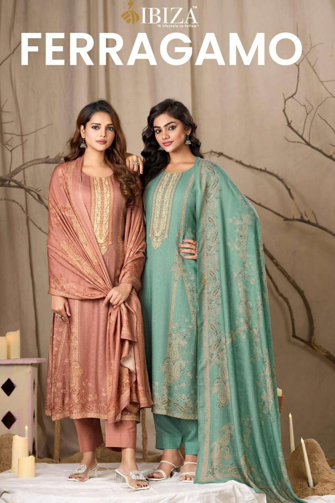 IBIZA FERRAGAMO PURE VISCOSE PASHMINA DIGITAL PRINTED HAND WORK SUIT