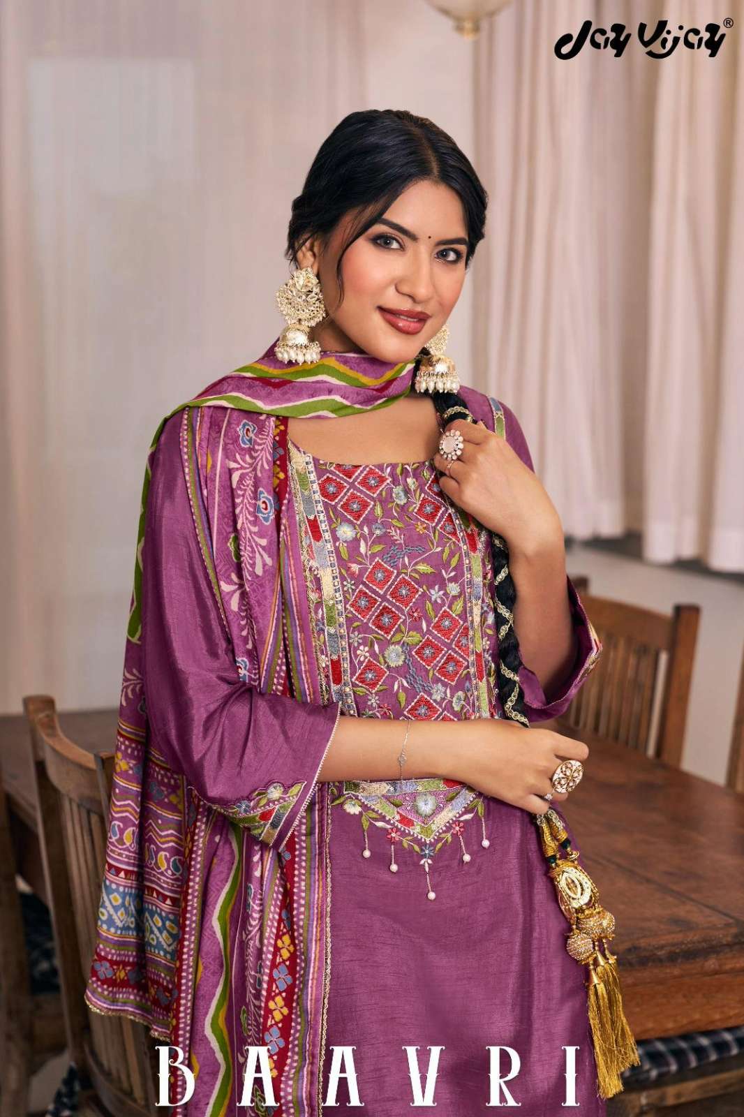 JAY VIJAY BAAVRI PREMIUM BEMBERG SILK SLUB SUIT WITH EMBROIDERY