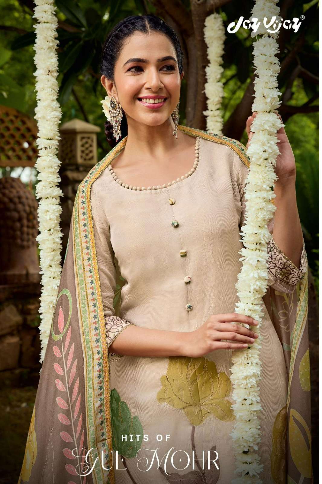 JAY VIJAY GUL MOHR PURE TISSUE JACQUARD SUIT WITH FANCY EMBROIDERY