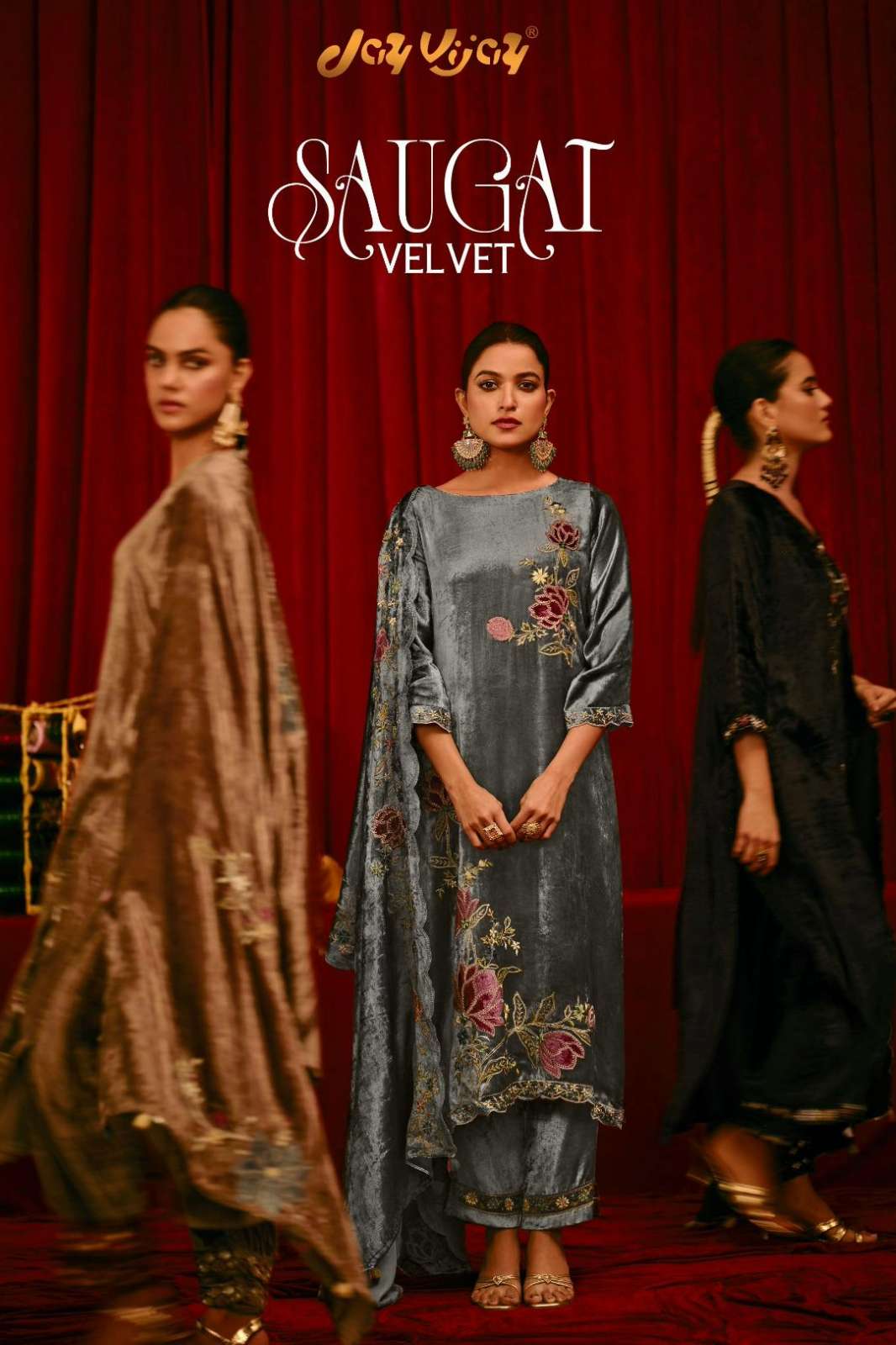 JAY VIJAY SAUGAT VELVET PURE VISCOSE VELVET APLIQUE EMBROIDERED SUIT