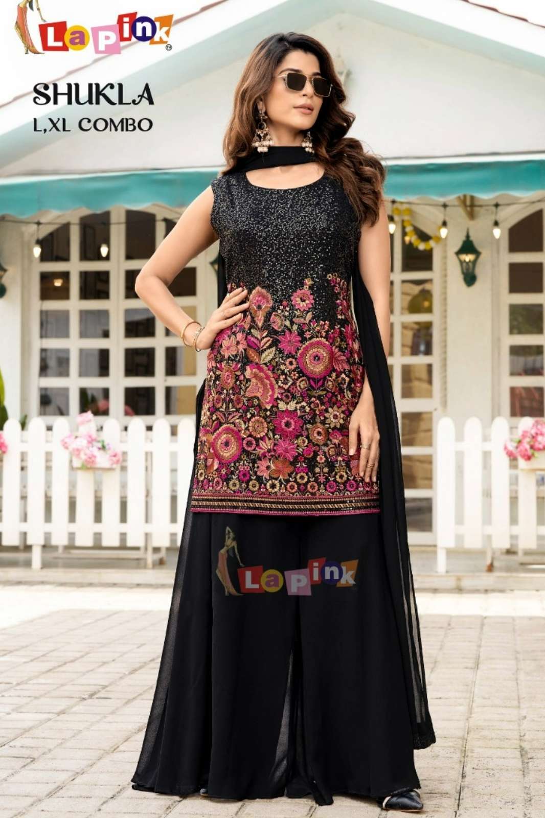 Lapink SHUKLA Ready to Wear Black Viscose Multi Color Thread Embroidered Suit