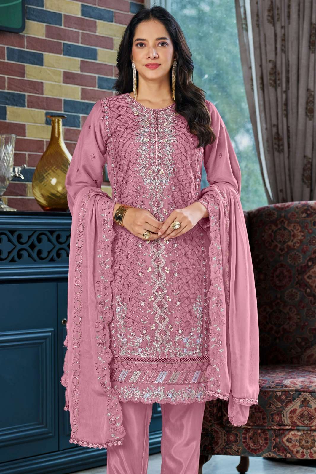 Motifz 5079 Organza Pakistani Suit with Embroidery & Khatli Work