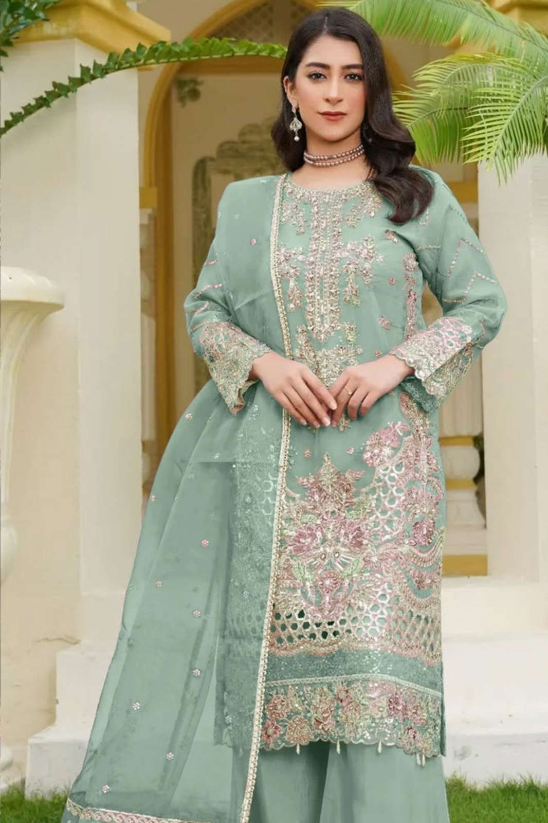 Motifz 825 Organza Pakistani Suit with Embroidery & Khatli Work